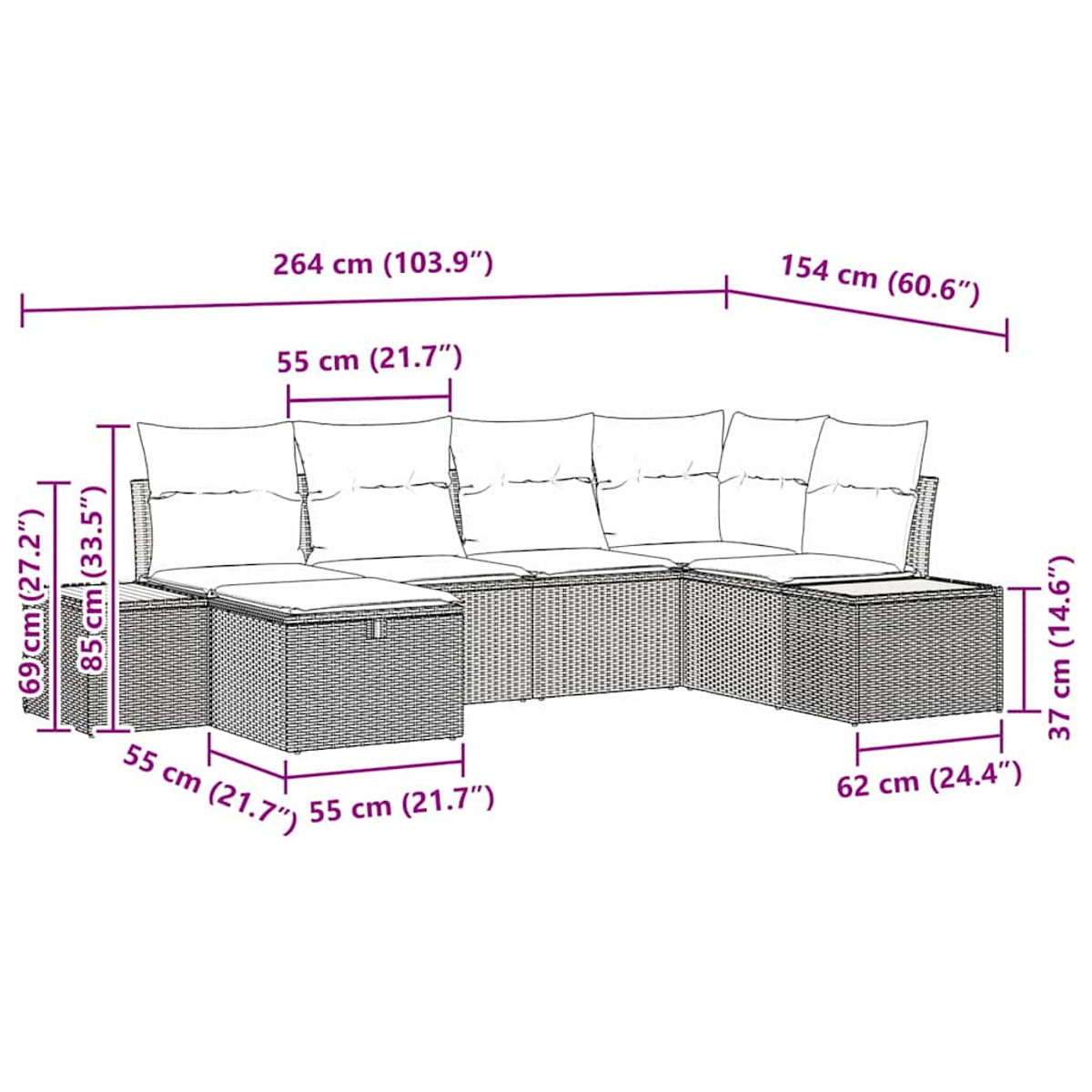 Ein Rattan-Outdoor-Ecksofa mit Kissen. Maße sind markiert.