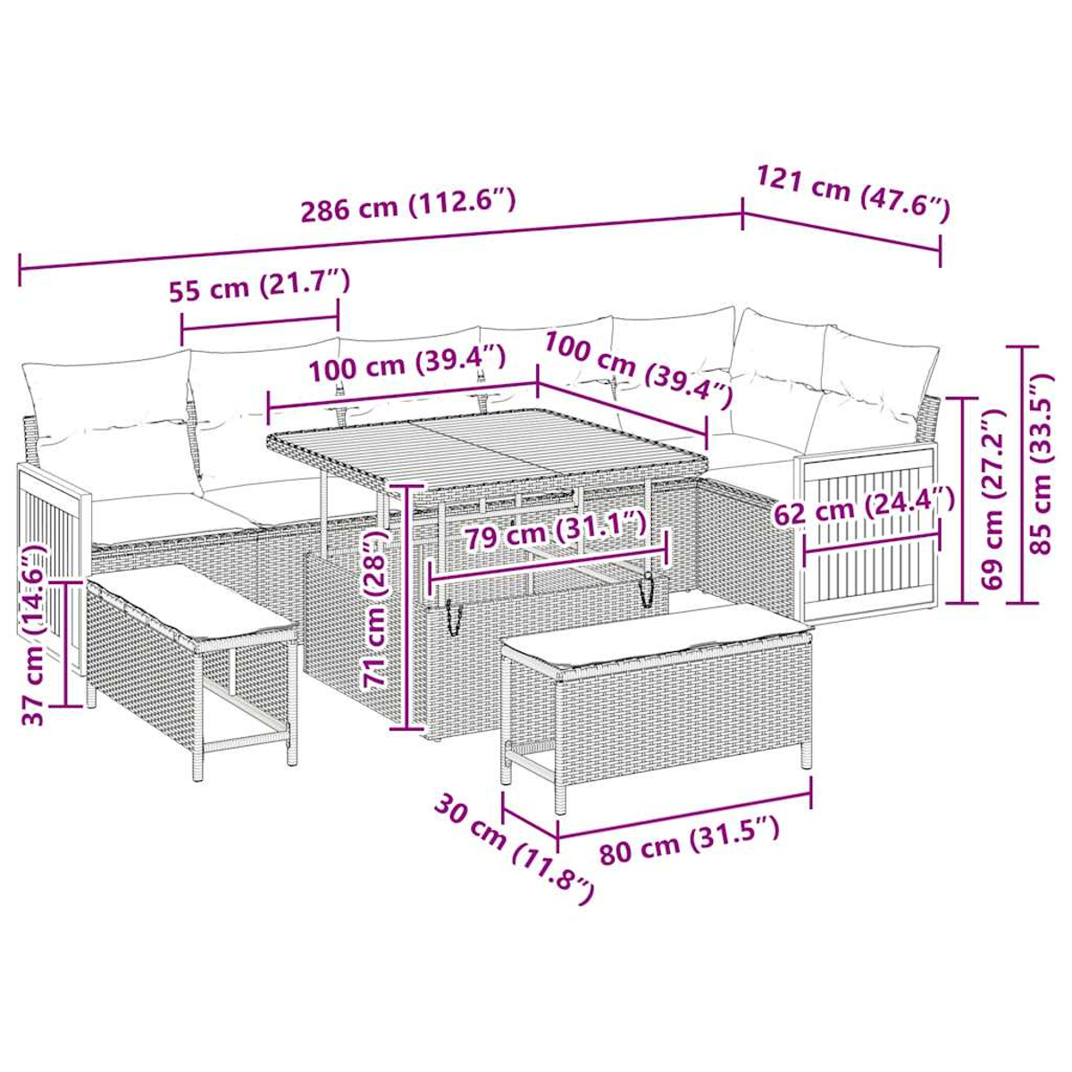 Gartenmöbel-Set aus Korbgeflecht mit Maßen. Enthält Tisch, Ottomane und Sofa.