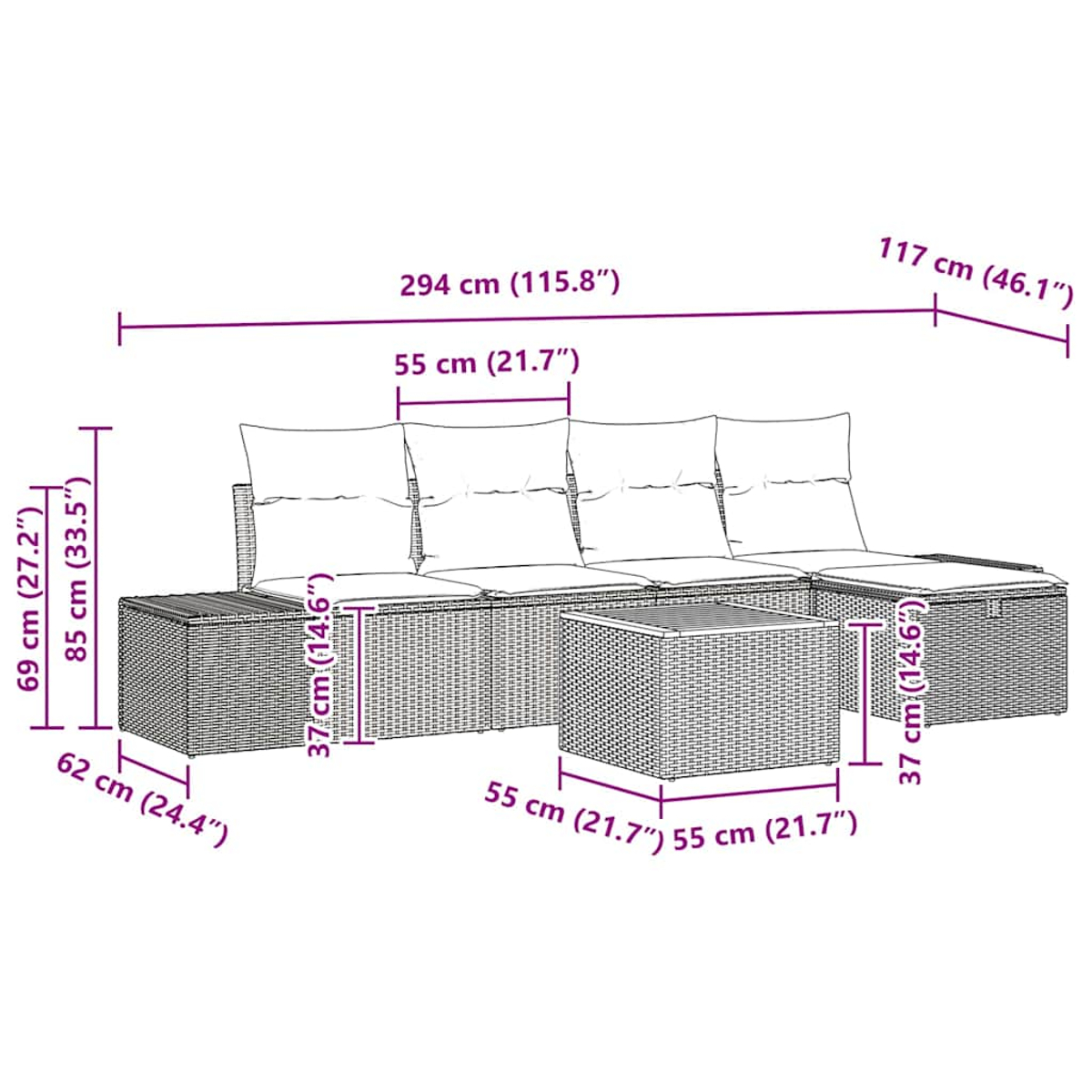Outdoor-Möbelset mit Sofas und einem kleinen Tisch. Es besteht aus beigem Korbgeflecht mit weißen Kissen, Maße sind beschriftet.