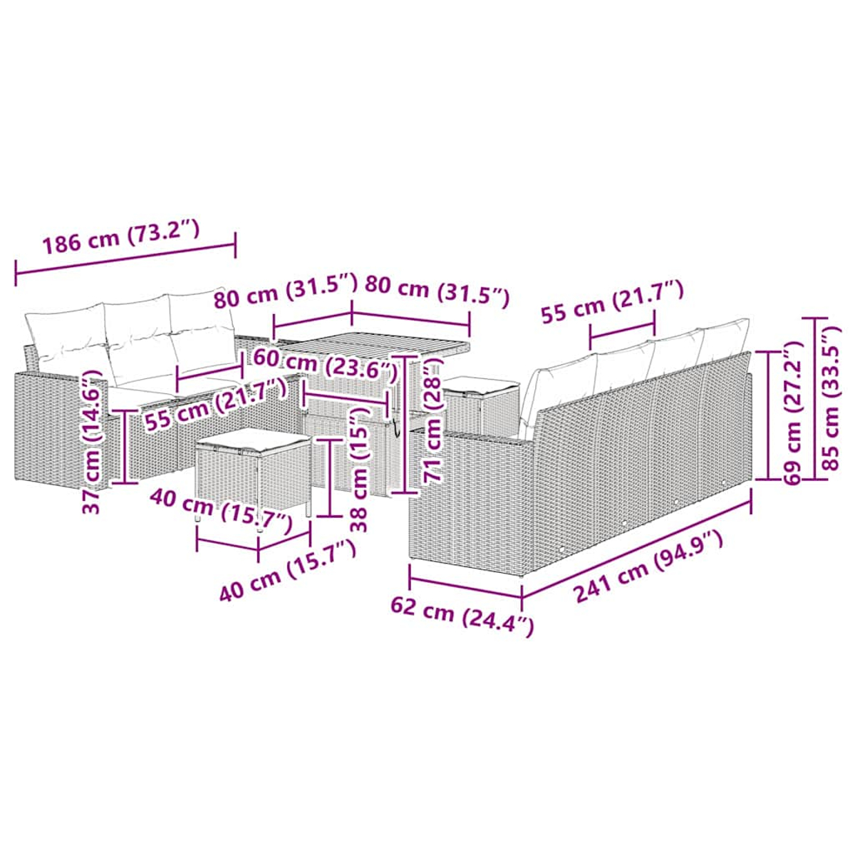 Outdoor-Möbelset mit Sofas, einem Tisch und einem kleinen Beistelltisch. Beiges Korbgeflecht mit weißen Kissen. Maße sind angegeben.