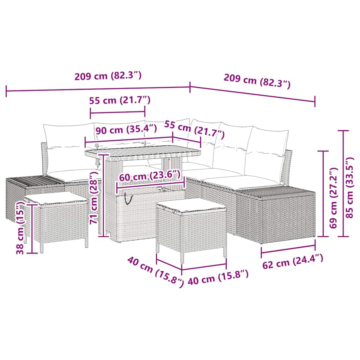 Gartenmöbel-Set aus Korbgeflecht mit Maßen. Enthält Tisch, Stühle und Sofa.
