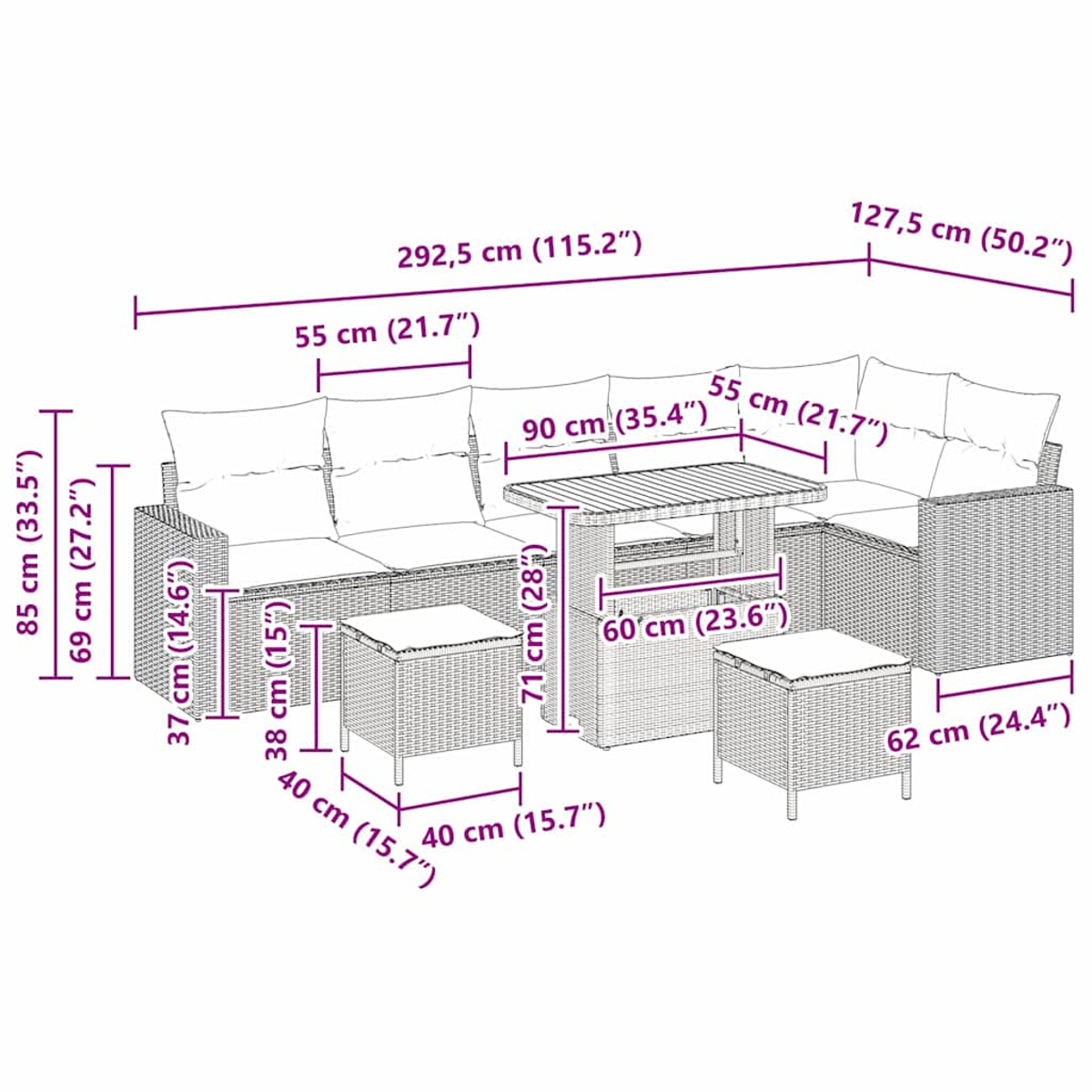 Diagramm eines Rattan-Outdoorsets mit Maßen. Es umfasst ein Ecksofa, einen Tisch und zwei kleine Hocker.