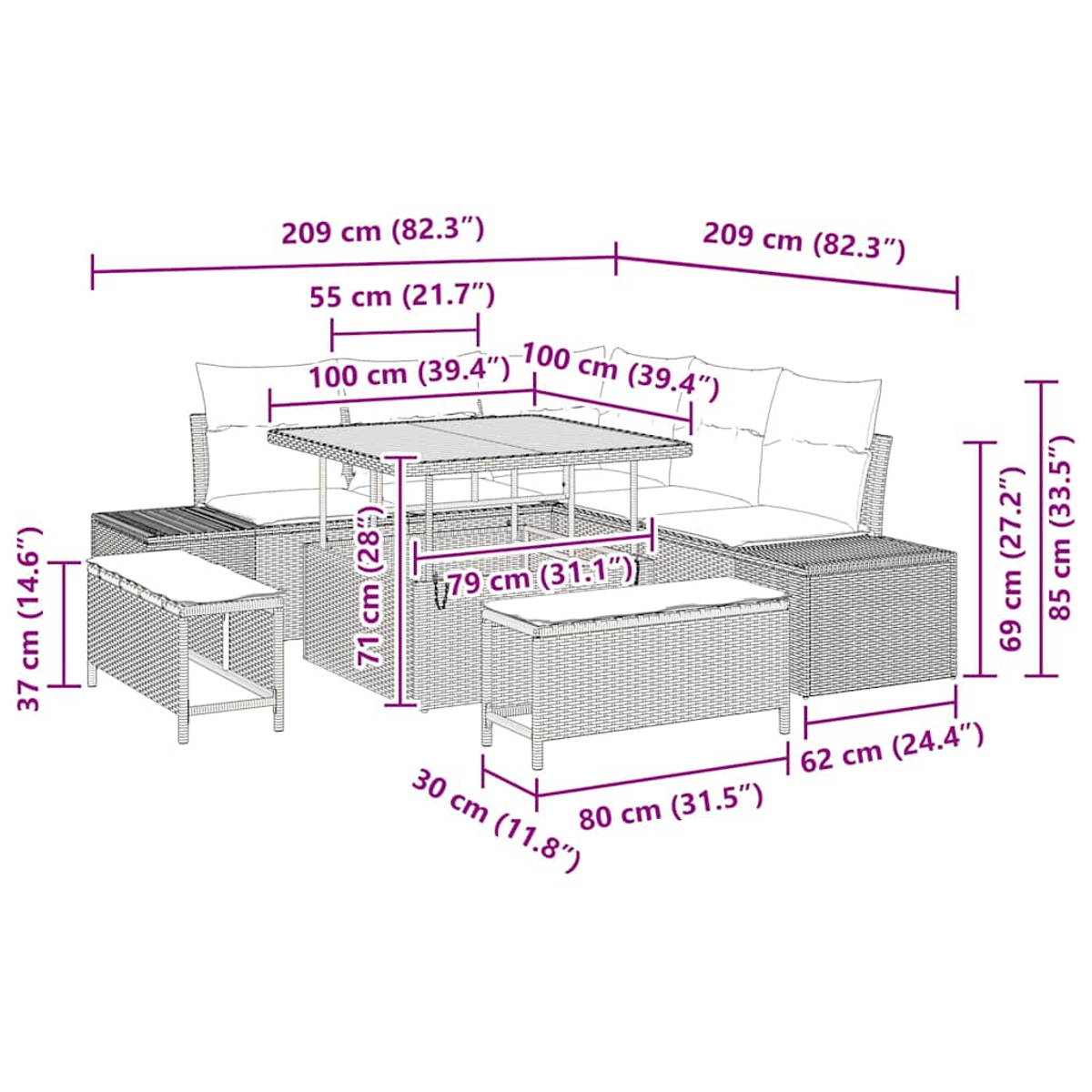 Diagramm eines Rattan-Outdoorsets mit Maßen. Es umfasst ein Ecksofa, einen Tisch, eine Bank und einen Hocker.