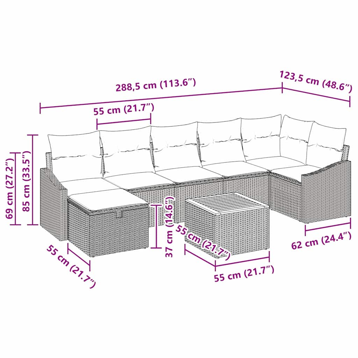 Ein Diagramm eines Rattan-Outdoorsets. Es umfasst ein Ecksofa, einen Tisch und einen kleinen Hocker mit Maßen.