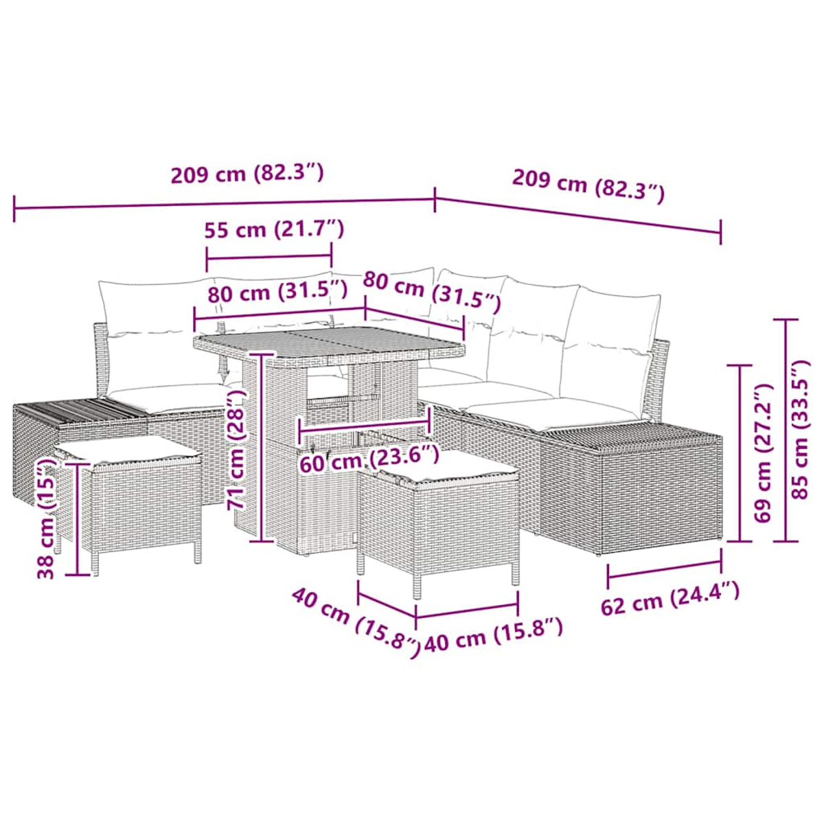 Geflochtenes Outdoor-Set: Tisch, zwei Hocker und zwei Sofas mit Kissen. Abmessungen sind in cm angegeben.