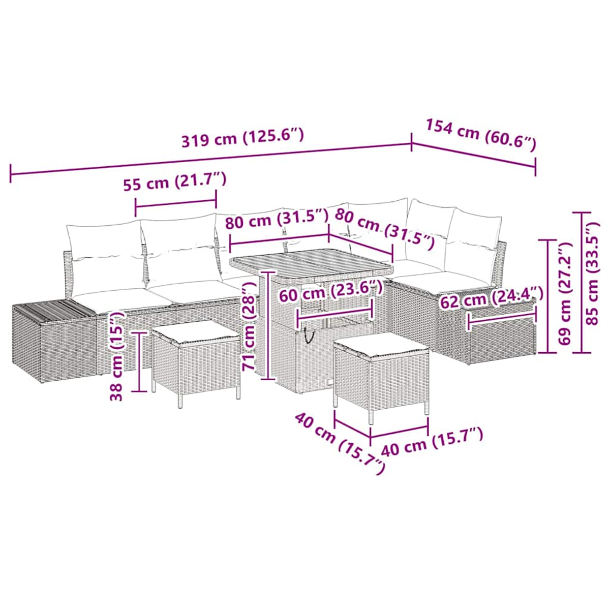 Geflochtenes Outdoor-Set: großes Sofa, zwei Hocker und ein Tisch. Abmessungen in cm angegeben.