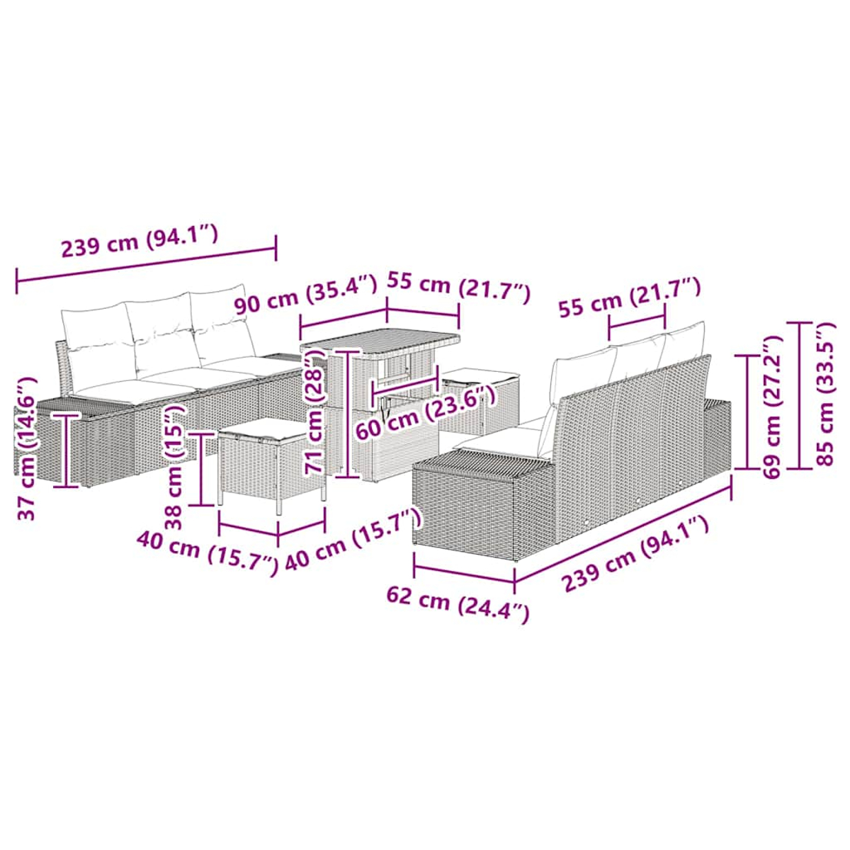 Geflochtenes Outdoor-Set: zwei Sofas, zwei Hocker und ein Tisch. Abmessungen in cm angegeben.