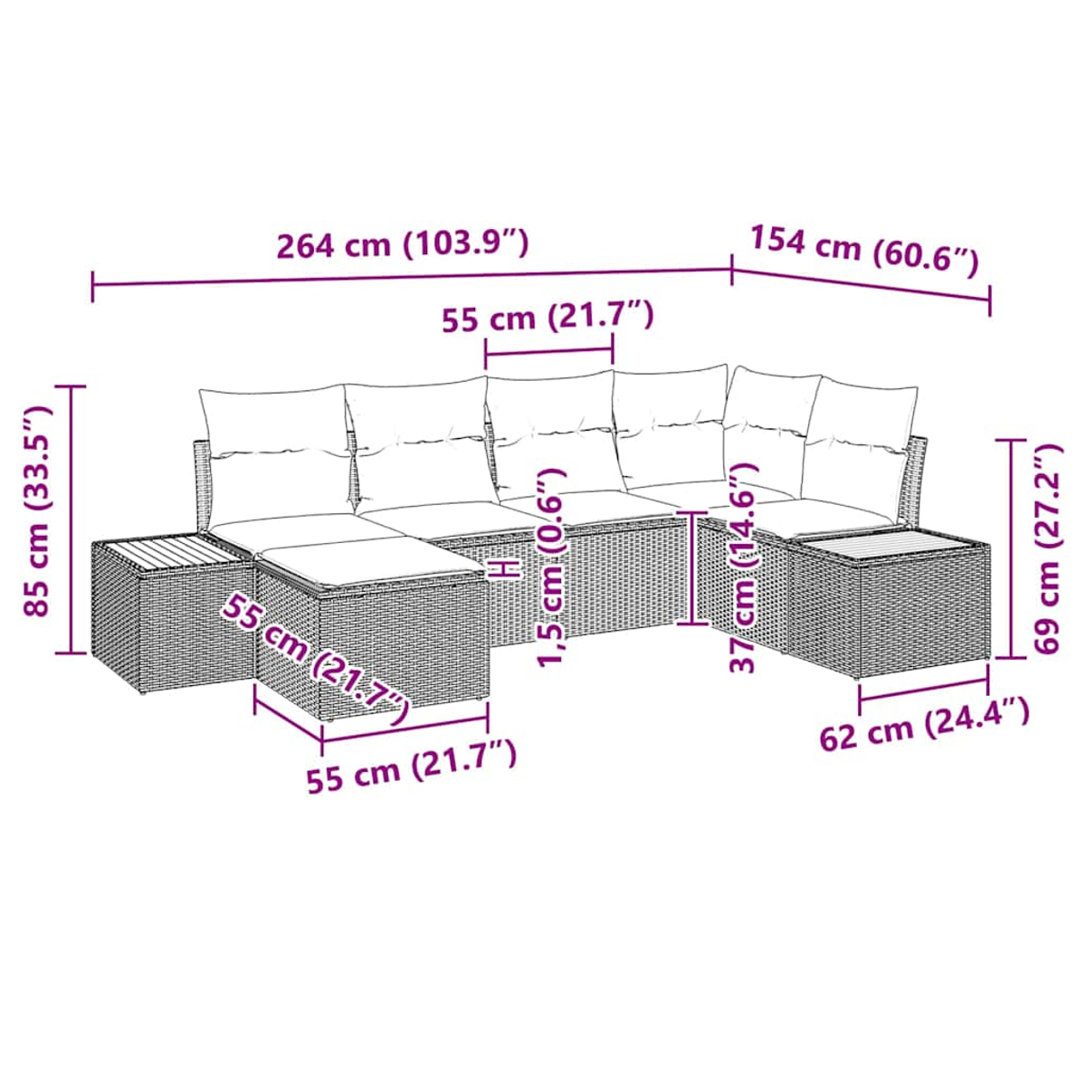 Geflochtenes Outdoor-Set: Ecksofa und zwei Hocker. Abmessungen in cm angegeben.