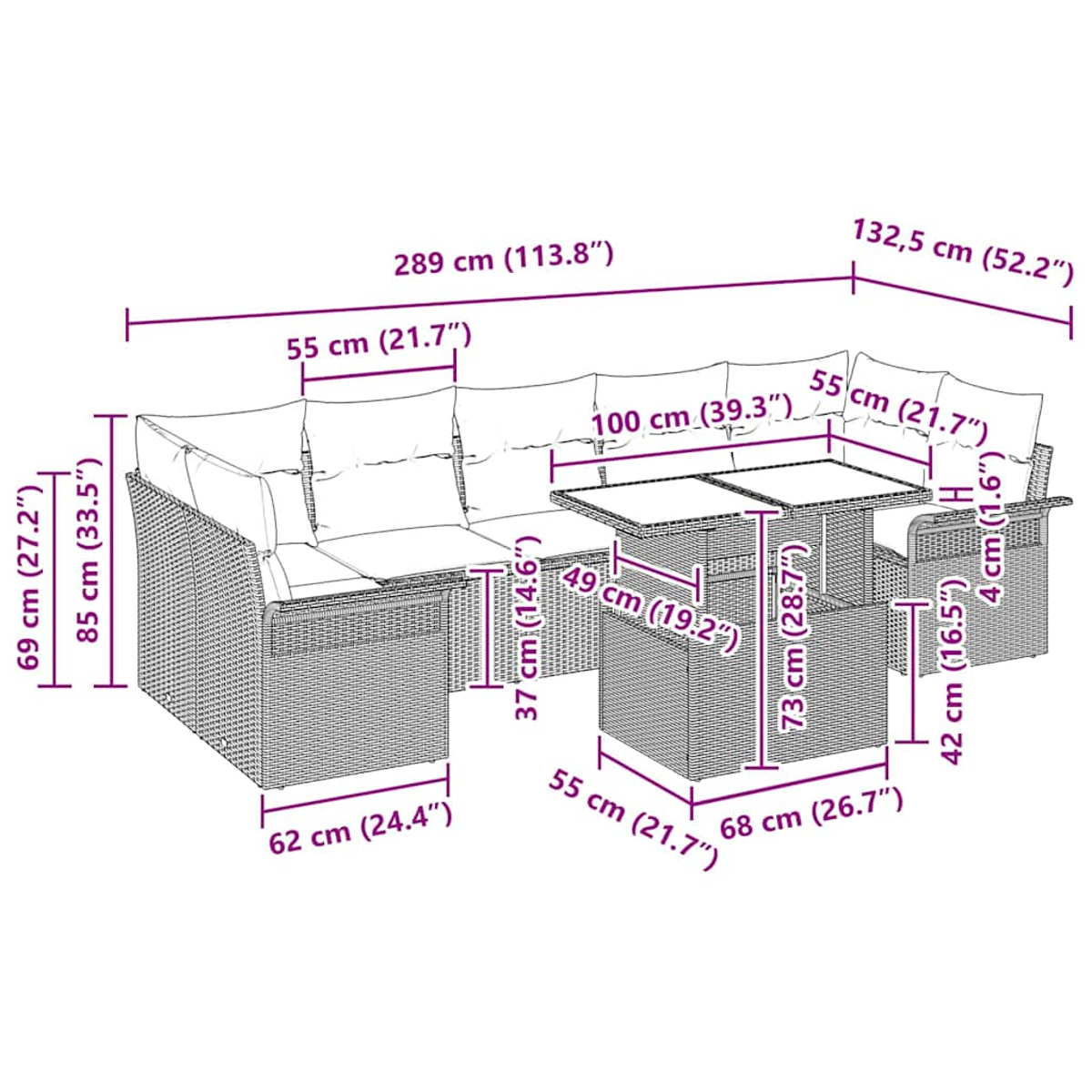 Ein Outdoor-Ecksofa und ein quadratischer Tisch mit Maßangaben werden gezeigt.