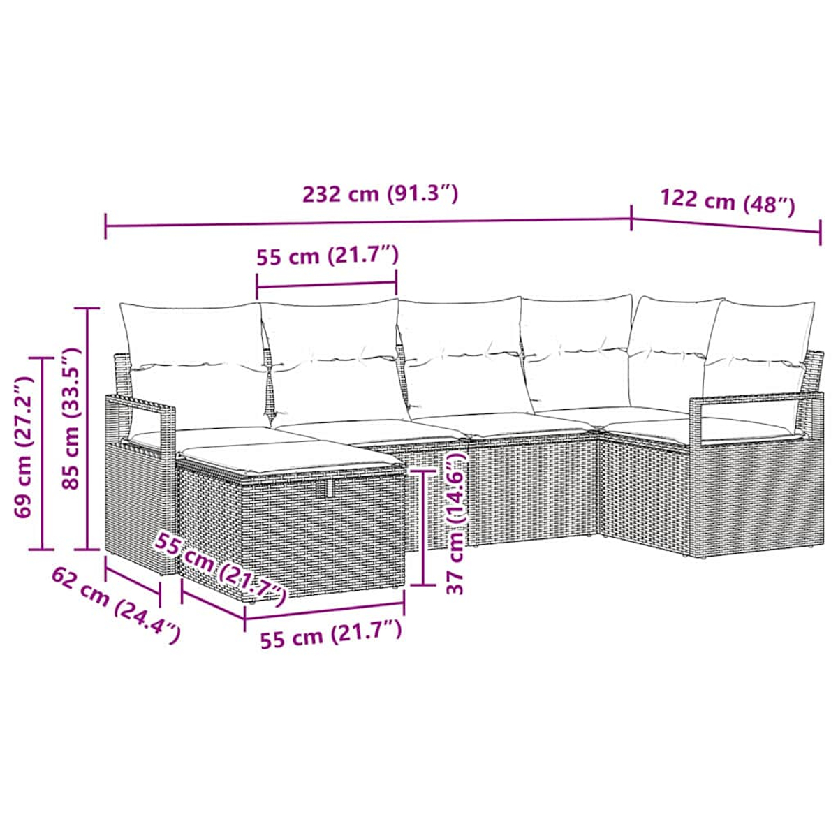 Ein Ecksofa mit Maßangaben wird gezeigt.