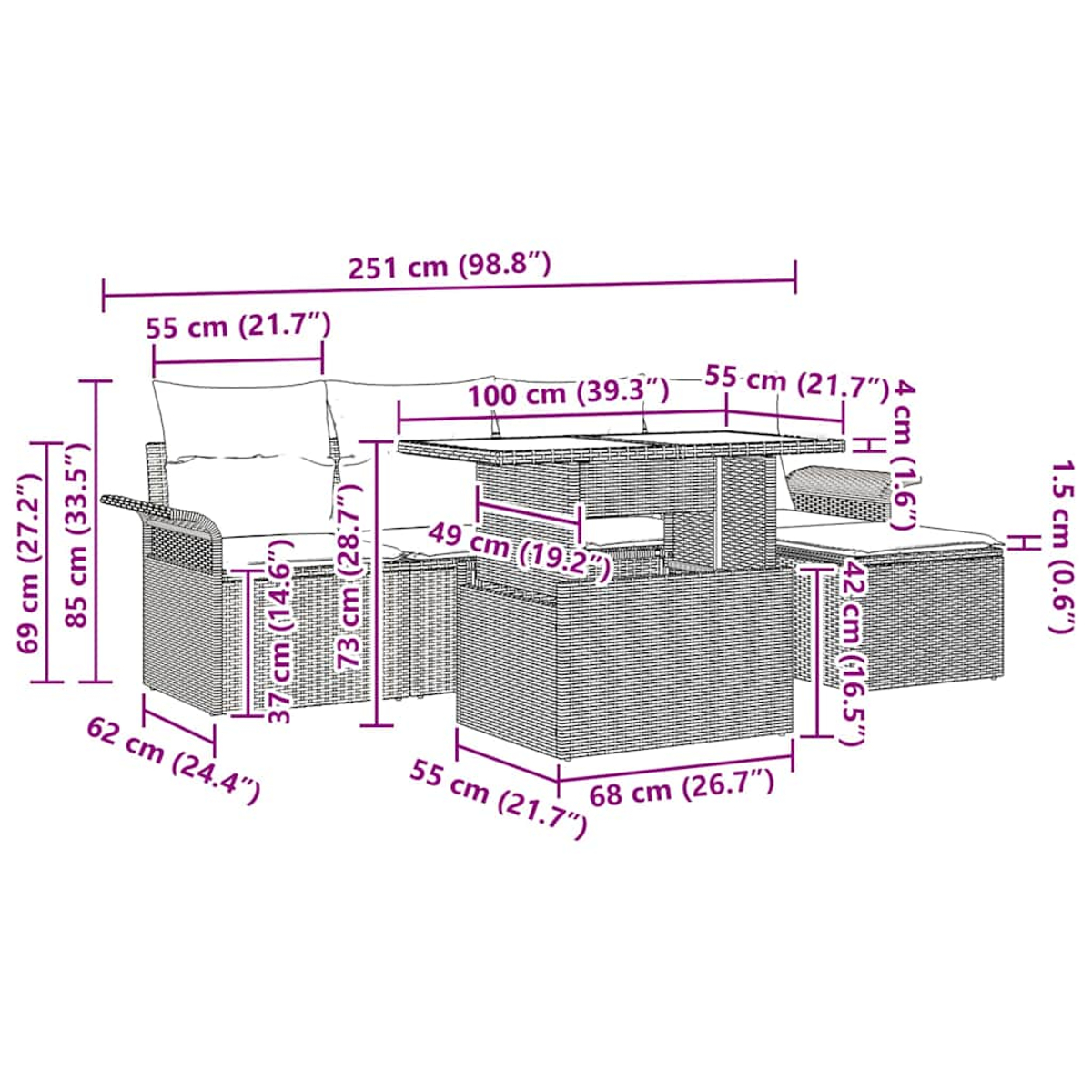 Geflochtenes Outdoor-Set: Sofa, Hocker und Tisch. Abmessungen in cm angegeben.