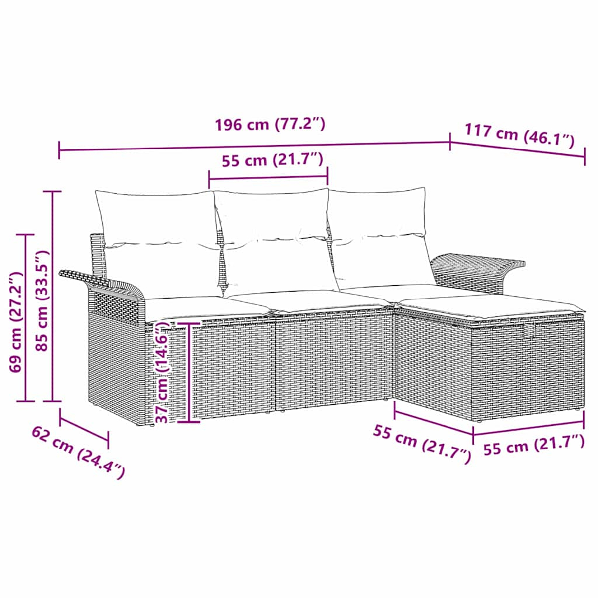 Ein Ecksofa mit Maßangaben wird gezeigt.