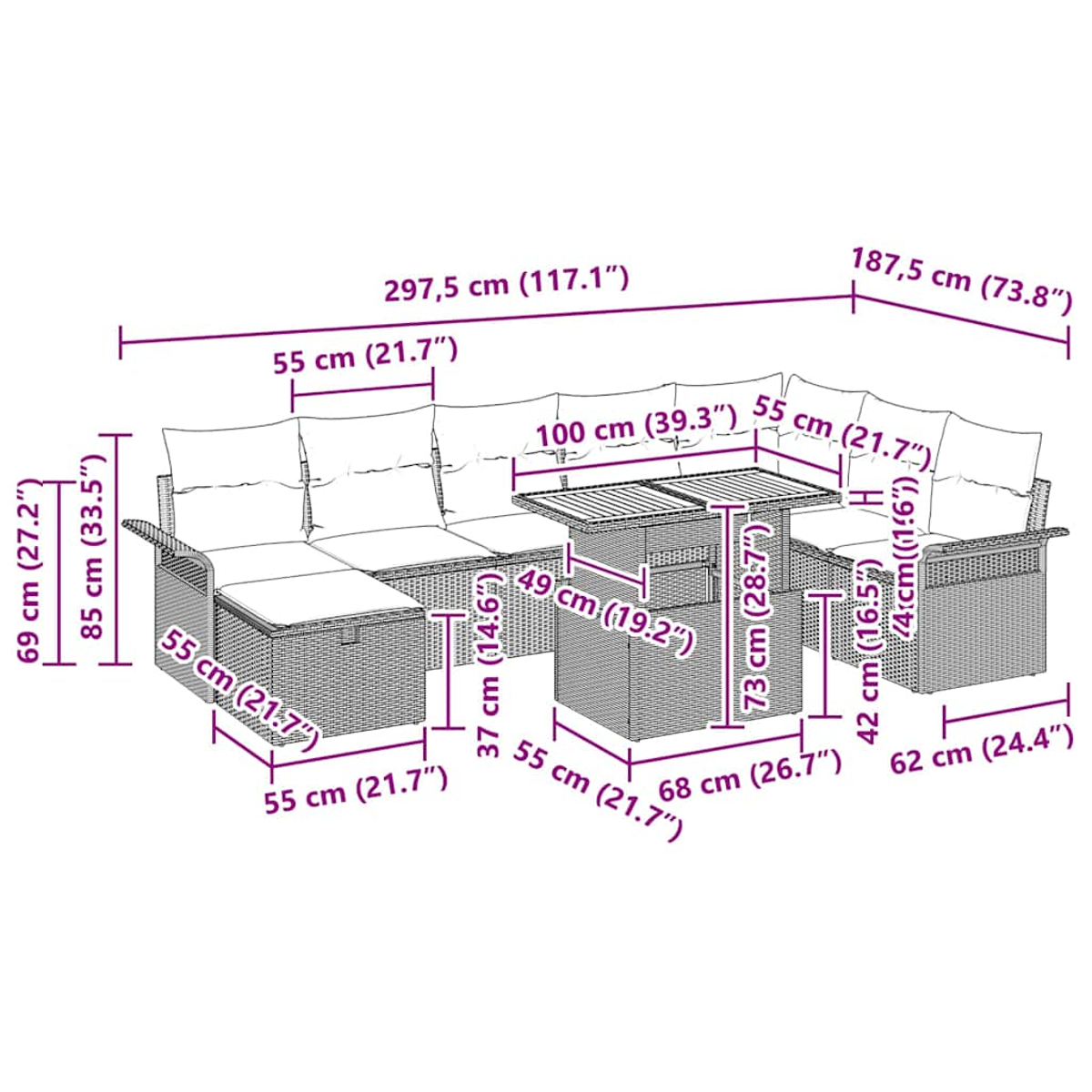 Ein Outdoor-Ecksofa und ein quadratischer Tisch mit Maßangaben werden gezeigt.