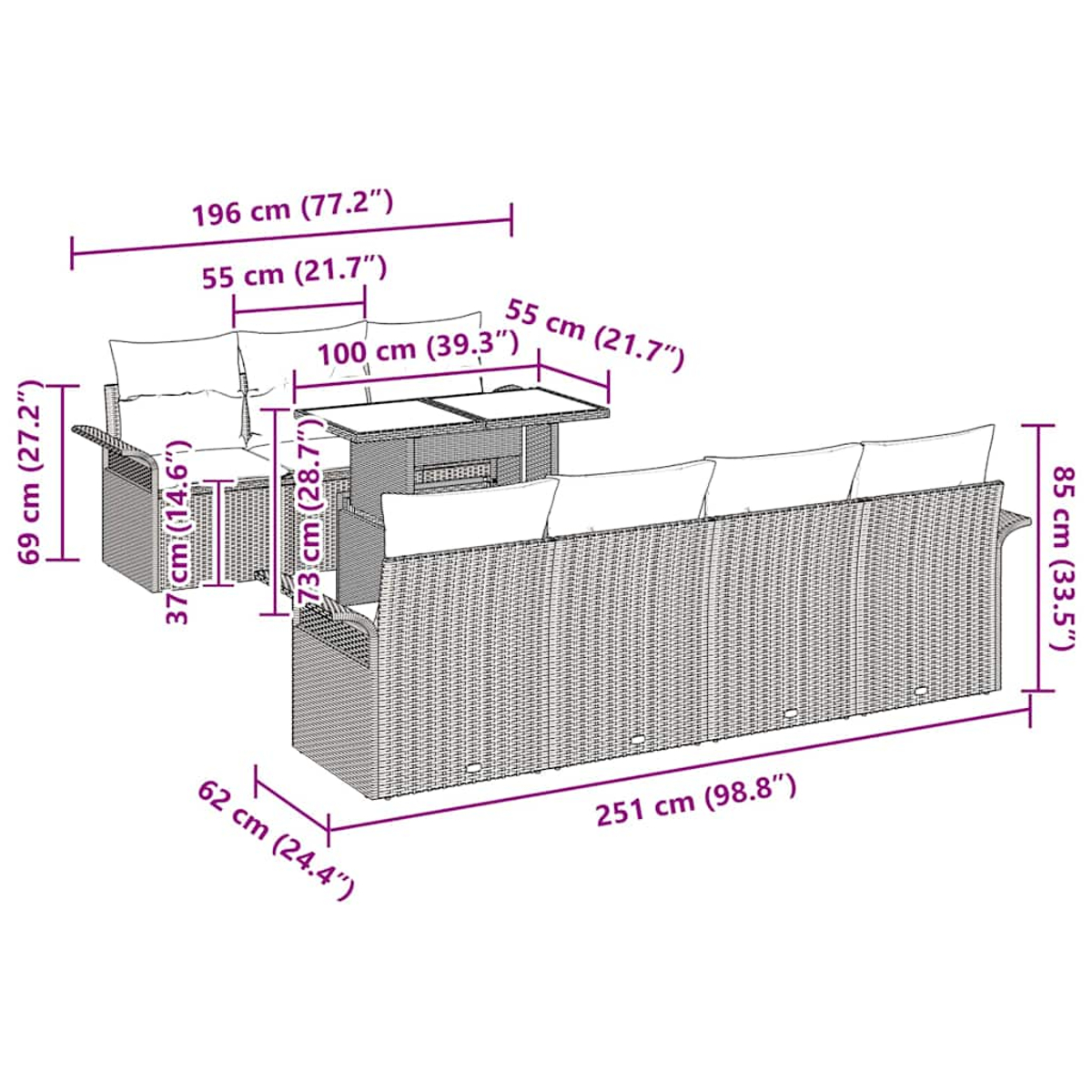 Set da esterno in vimini: due divani, tavolo e pouf. Dimensioni in cm.