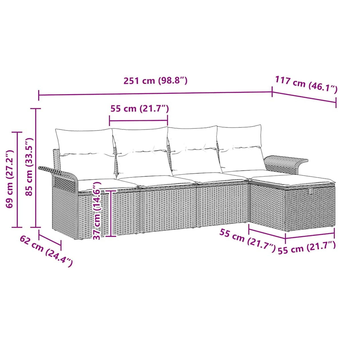 Geflochtenes Outdoor-Set: Sofa, Tisch und Hocker. Abmessungen in cm angegeben.