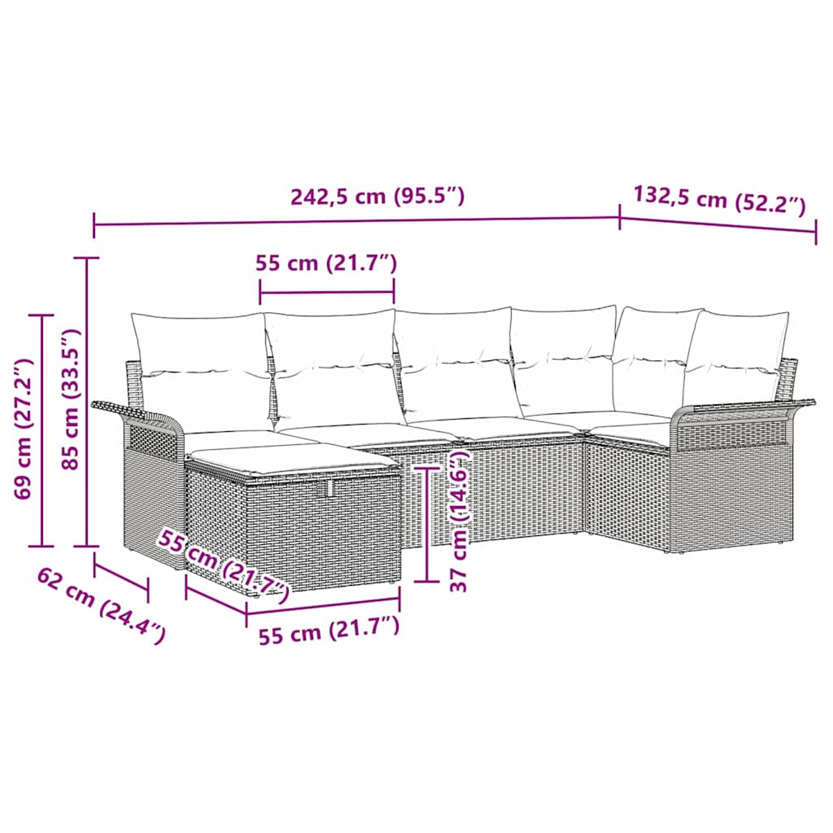 Ein Ecksofa mit Maßangaben wird gezeigt.