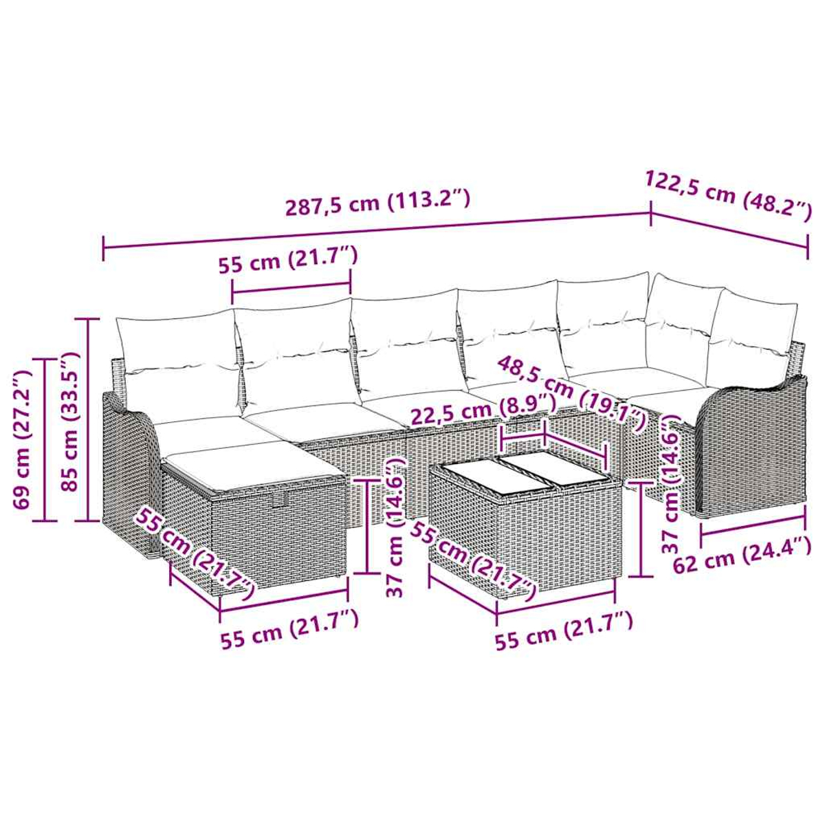 Ein Outdoor-Ecksofa und zwei quadratische Tische mit Maßangaben werden gezeigt.