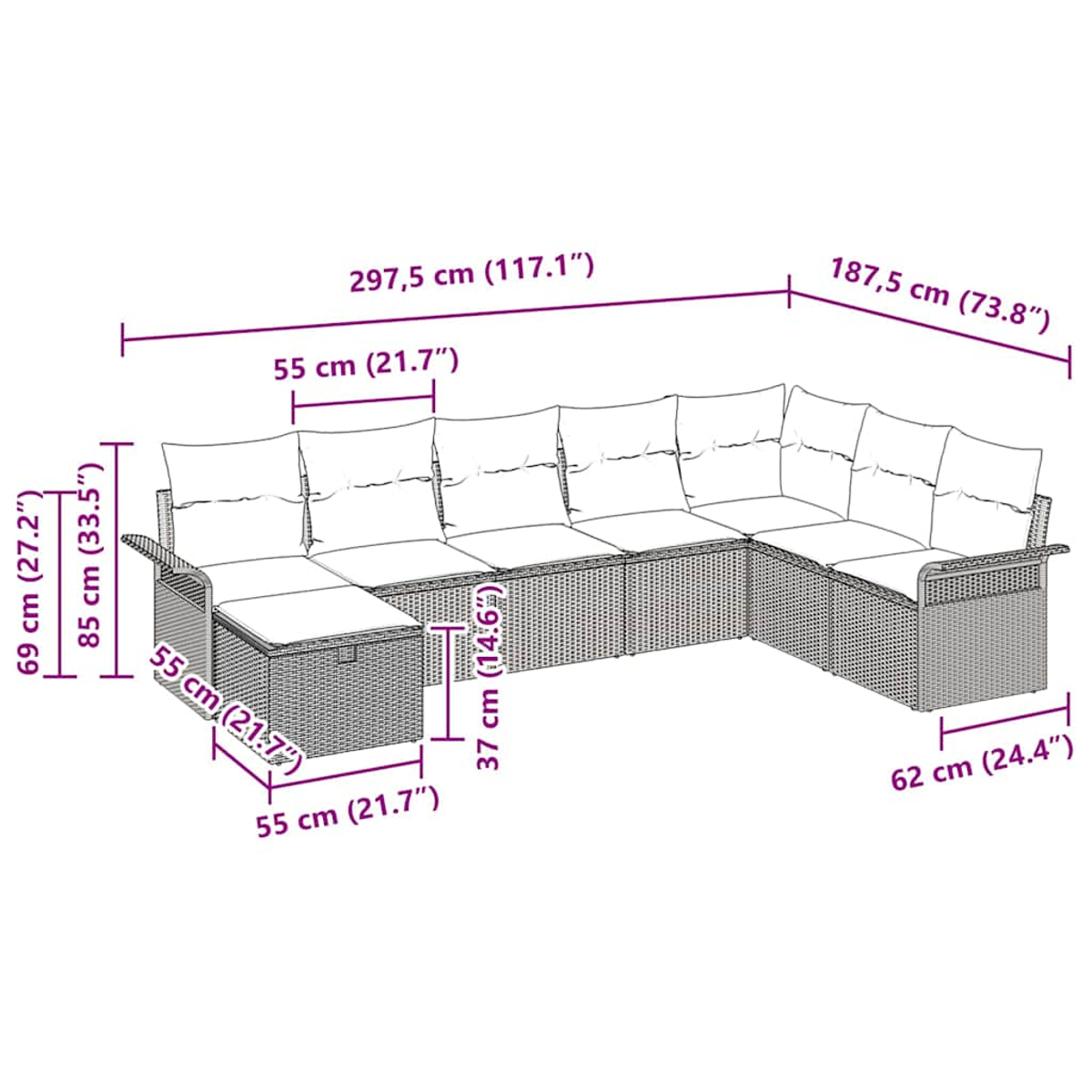 Ein Ecksofa mit Maßangaben wird gezeigt.