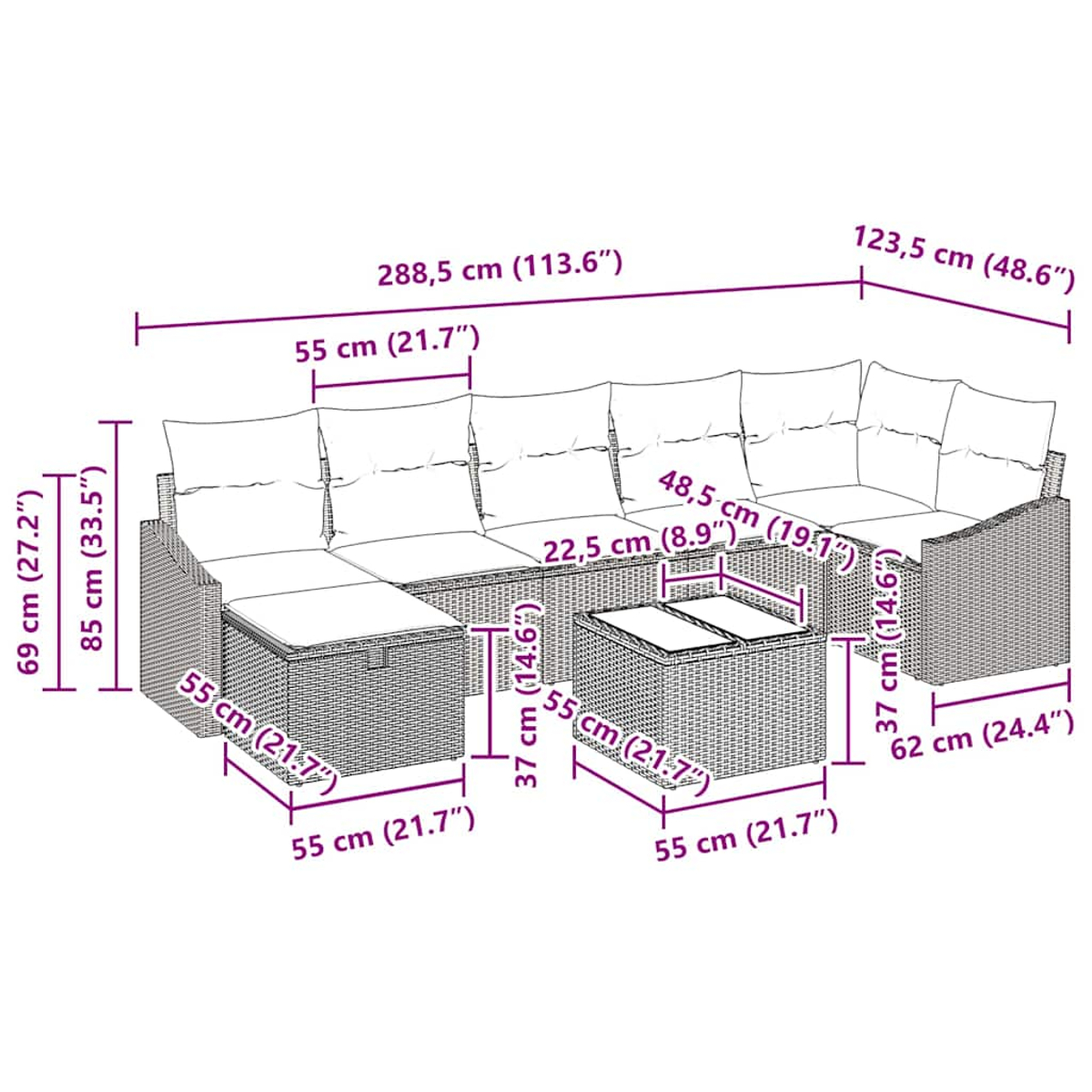 Ein Outdoor-Ecksofa und zwei quadratische Tische mit Maßangaben werden gezeigt.