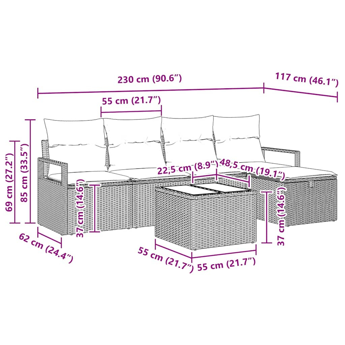 Ein aus Weide gefertigtes Sofagarnitur mit einem Tisch und Hocker. Die Maße werden in cm und Zoll angezeigt. Das Set umfasst Sofa, Hocker und Tisch.