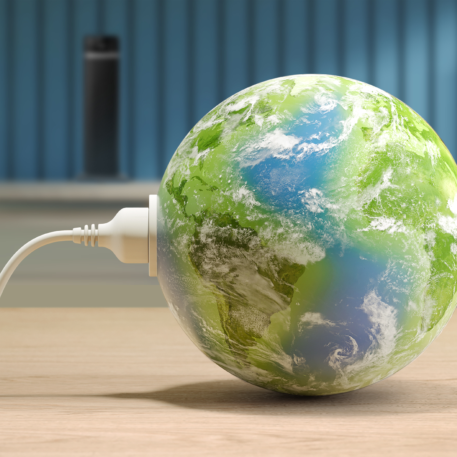 Un globo terráqueo con un enchufe insertado, que simboliza la energía renovable. El globo es verde y azul, el enchufe es blanco.