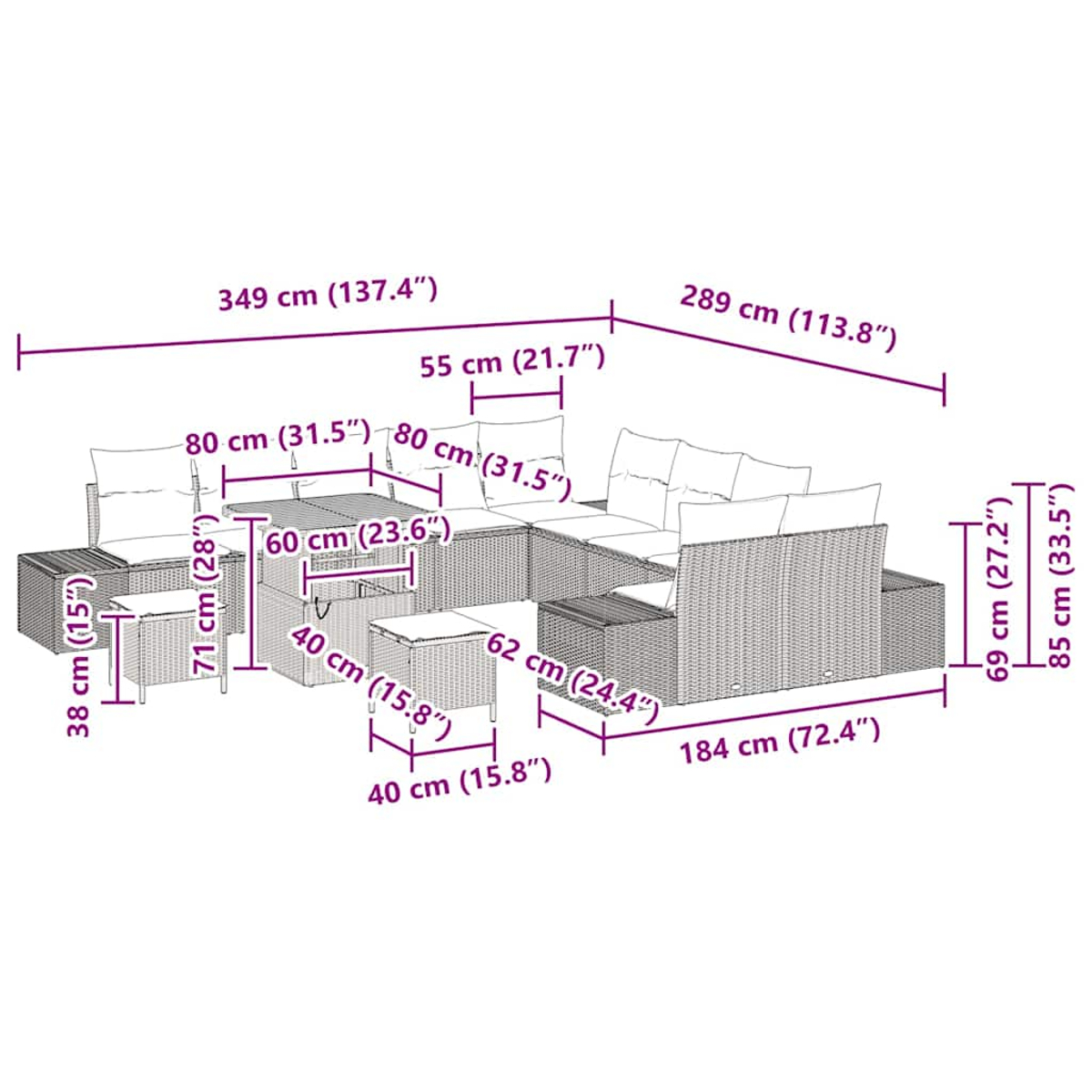 Un set di divani in vimini con dimensioni in cm e pollici. Include un divano angolare, un tavolo e due pouf.