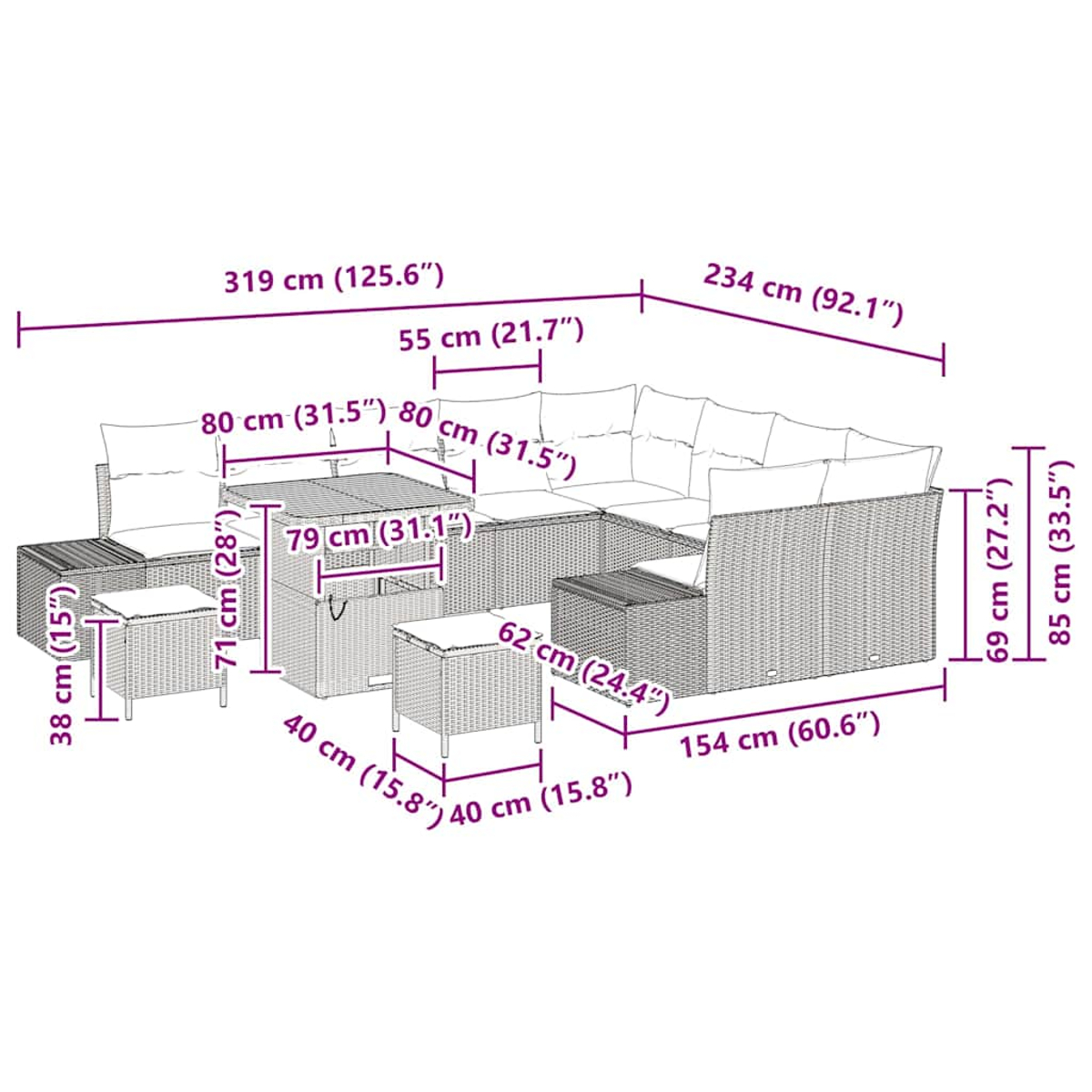 Juego de muebles de mimbre para exteriores con mesa, sillas y dimensiones.