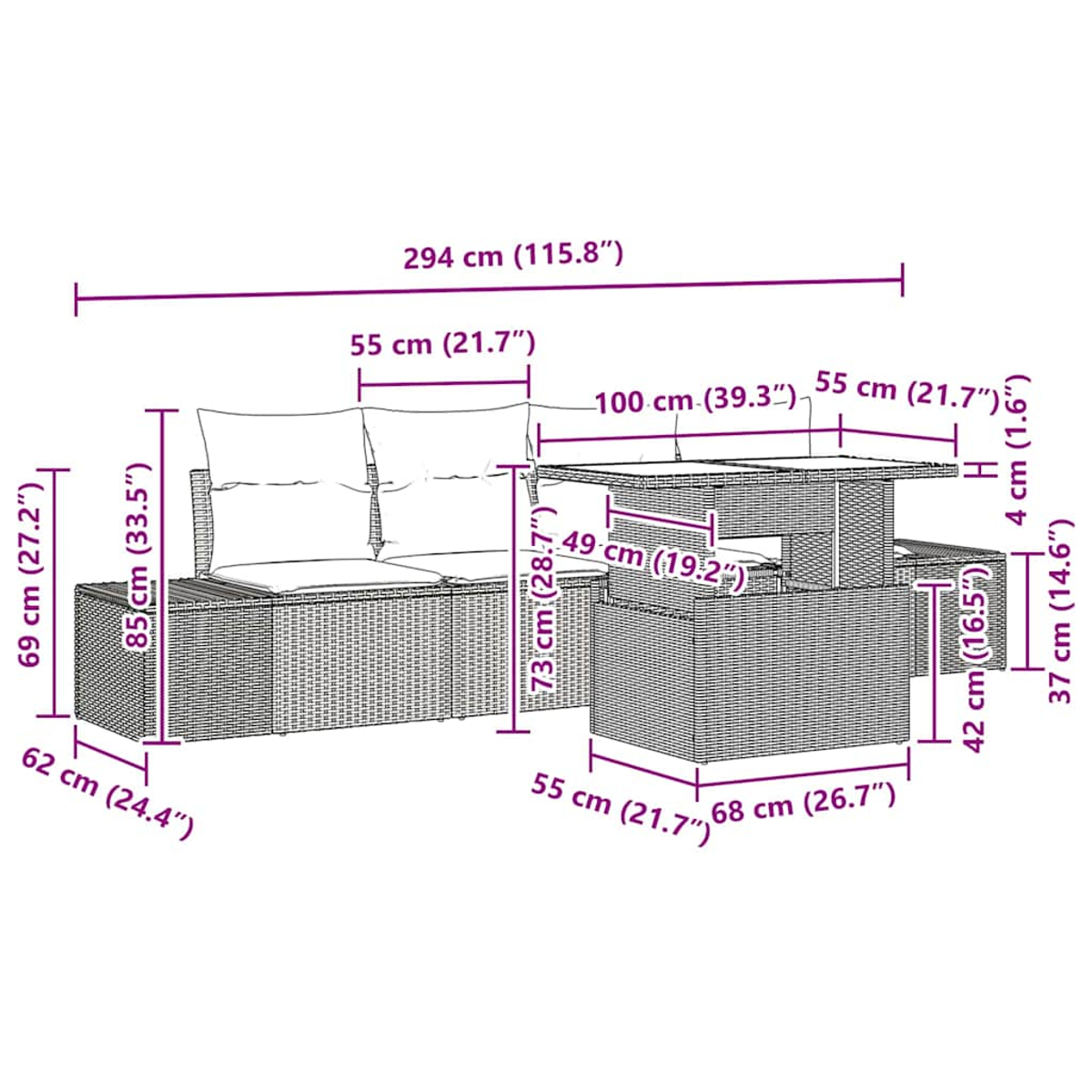 Geflochtenes Outdoor-Set mit Tisch. Abmessungen sind markiert. Kissen sind weiß.