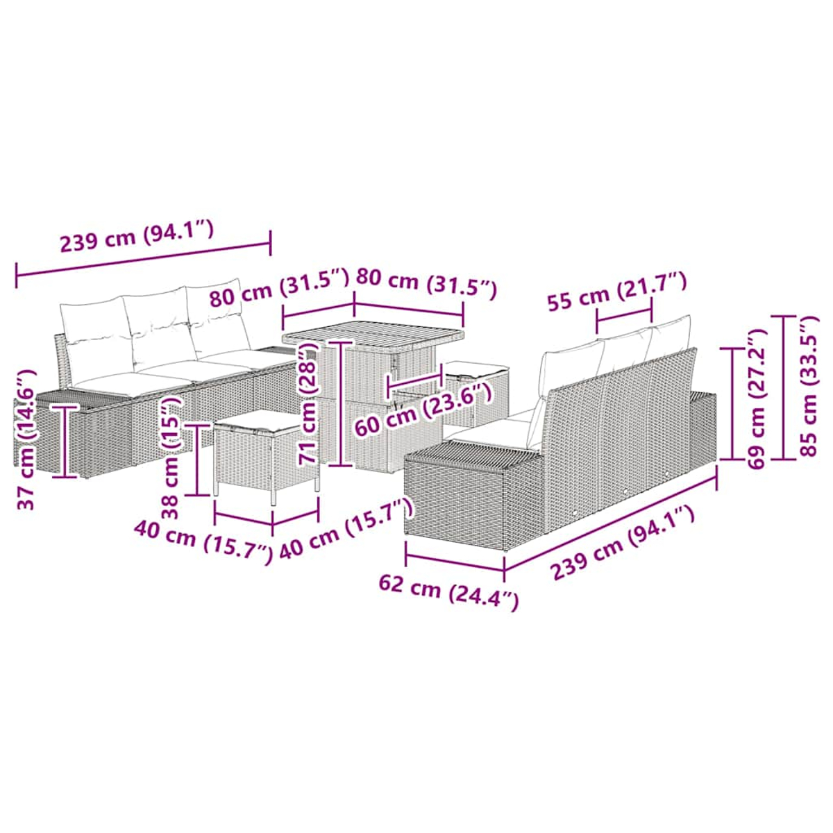 Rattan-Möbelset mit Maßen, einschließlich Sofa, Tisch und Stuhl. Größenangaben sind für jedes Teil vorhanden.