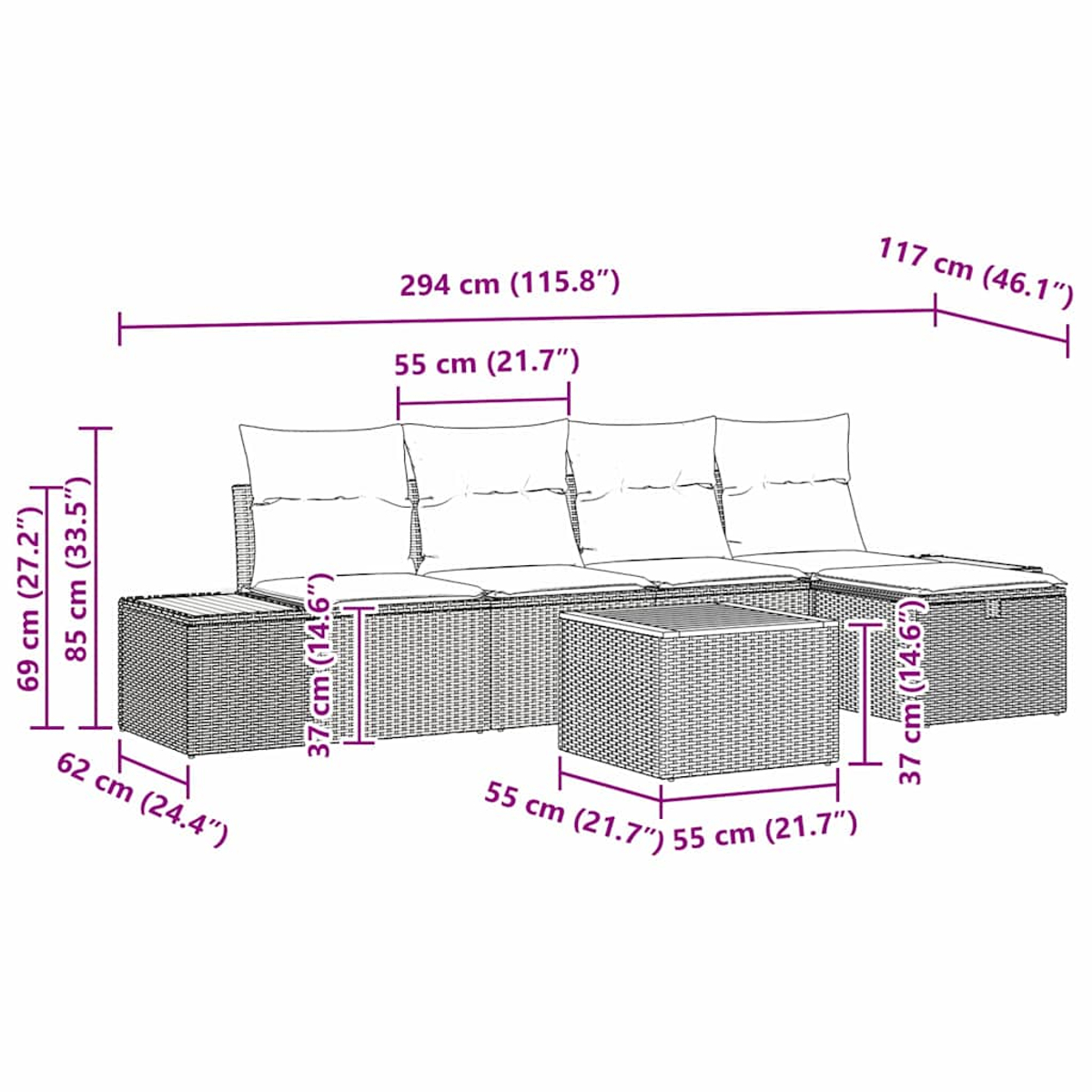Rattan-Ecksofa für den Außenbereich mit Abmessungen. Es hat ein Sofa, einen Hocker und einen kleinen Tisch. Maße sind beschriftet.