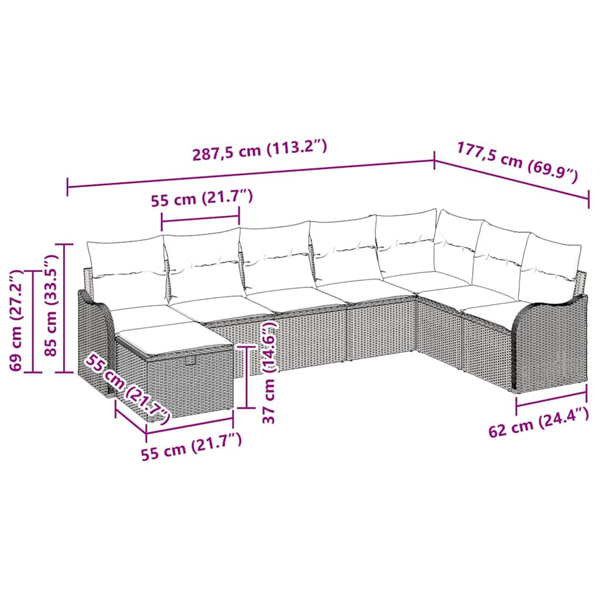 Rattan-Ecksofa für den Außenbereich mit Abmessungen. Es hat ein Sofa und einen Hocker. Maße sind beschriftet.