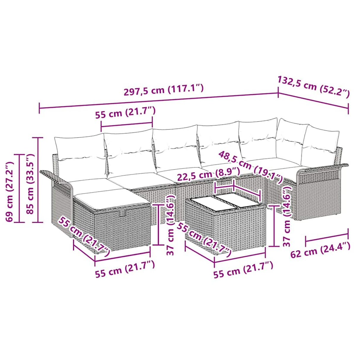 Geflochtenes Outdoor-Set mit Tisch. Abmessungen sind markiert. Kissen sind weiß.