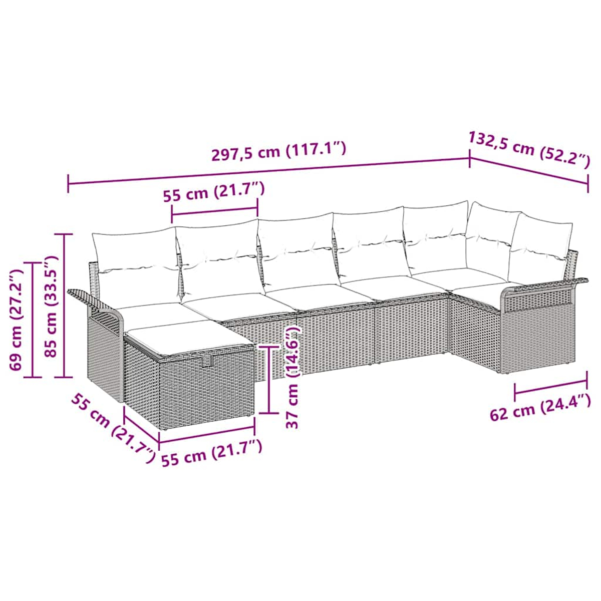 Rattan-Ecksofa für den Außenbereich mit Abmessungen. Es hat ein Sofa und einen Hocker. Alle Maße sind beschriftet.