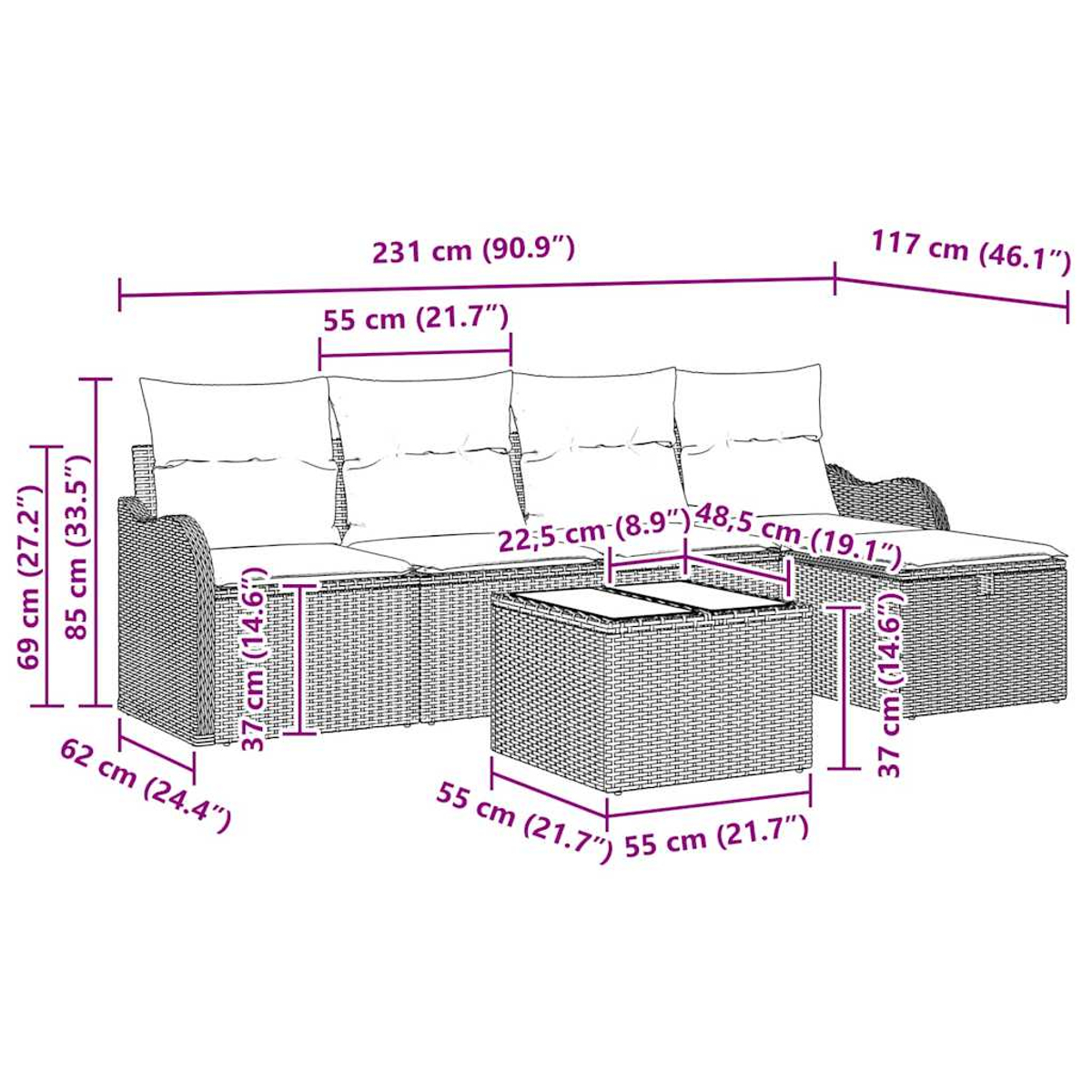 Rattan-Gartenmöbel-Set: Sofa, Tisch und Hocker, alle mit Maßen versehen. Kissen auf Sofa und Hocker.