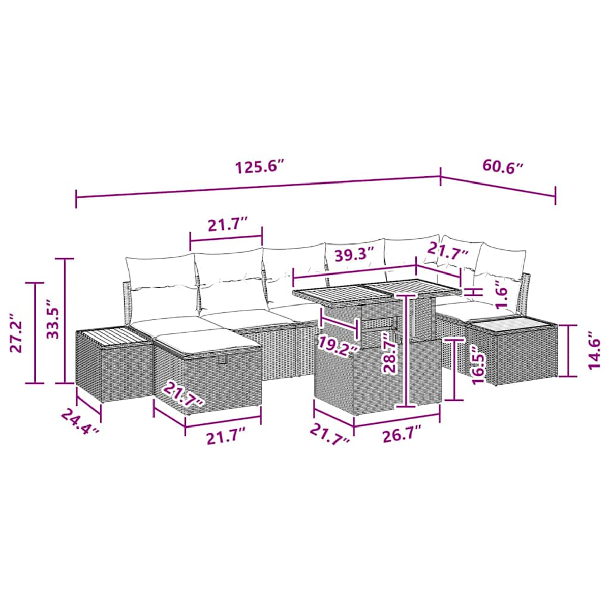 Rattan-Gartenmöbel-Set: Sofa, Tisch und Hocker, alle mit Maßen versehen. Kissen auf Sofa und Hocker.