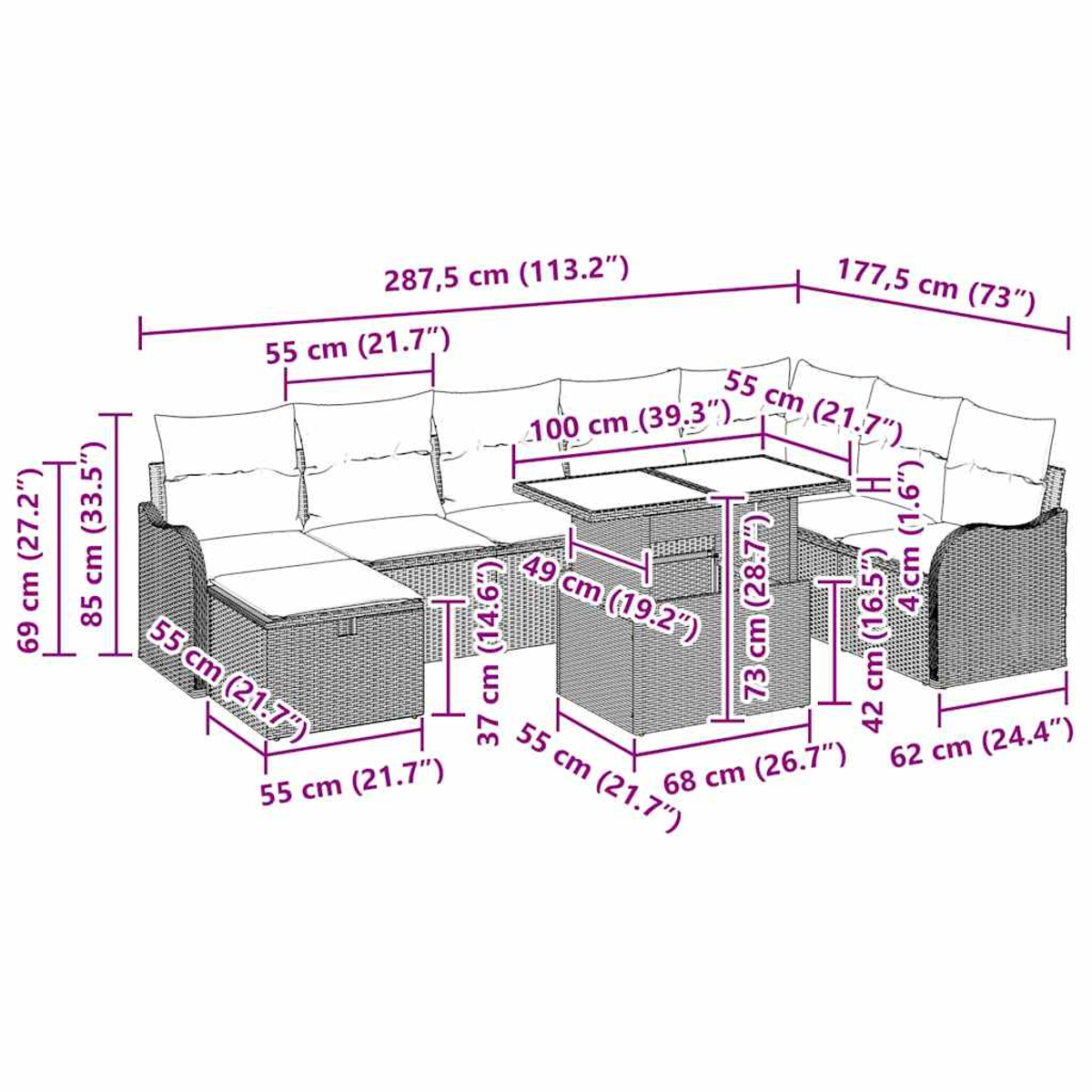 Geflochtenes Outdoor-Set mit Tisch. Abmessungen sind markiert. Kissen sind weiß.