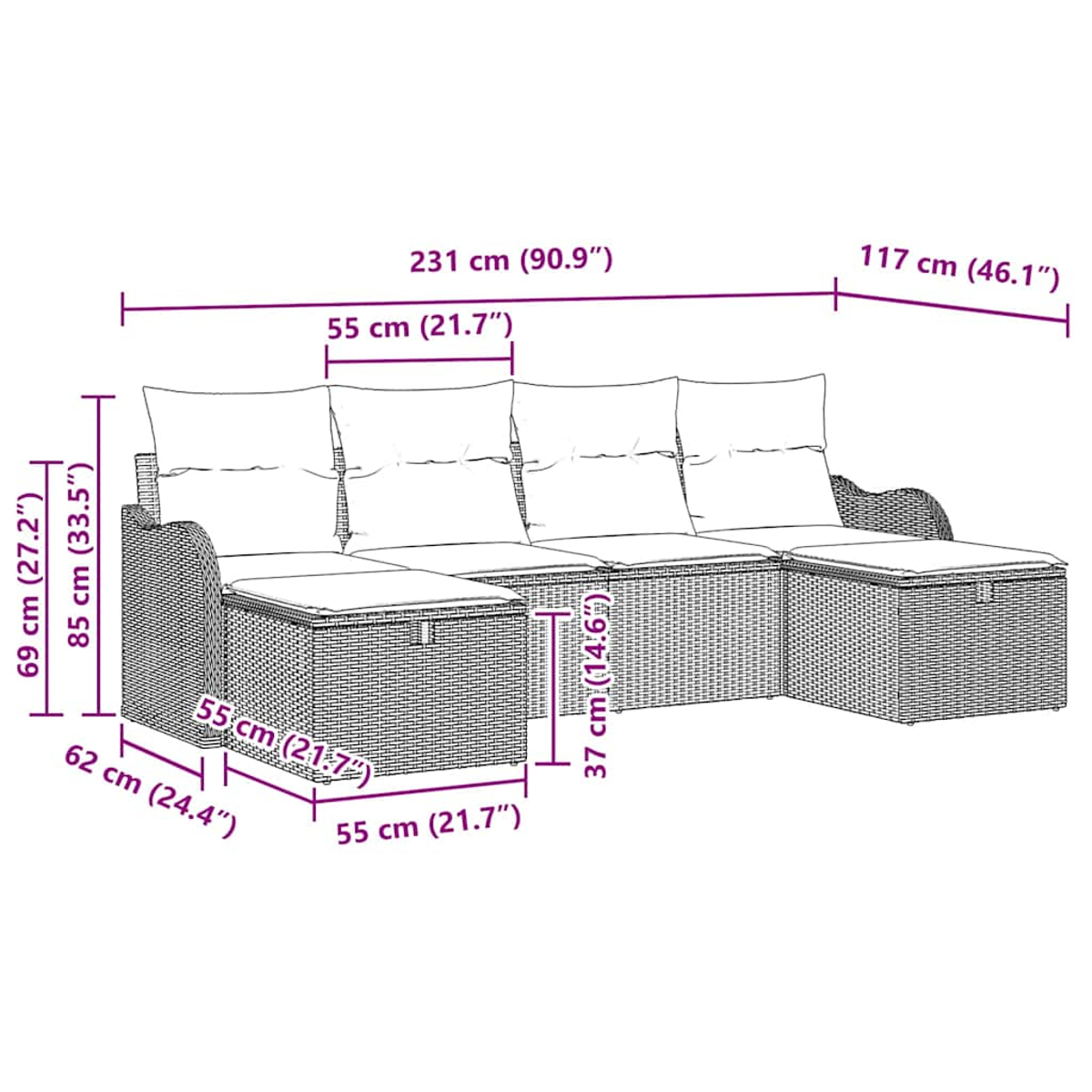 Geflochtenes Outdoor-Möbelset mit Sofa und Tisch, Maße überlagert. Weiße Kissen. Die Umgebung ist im Freien.