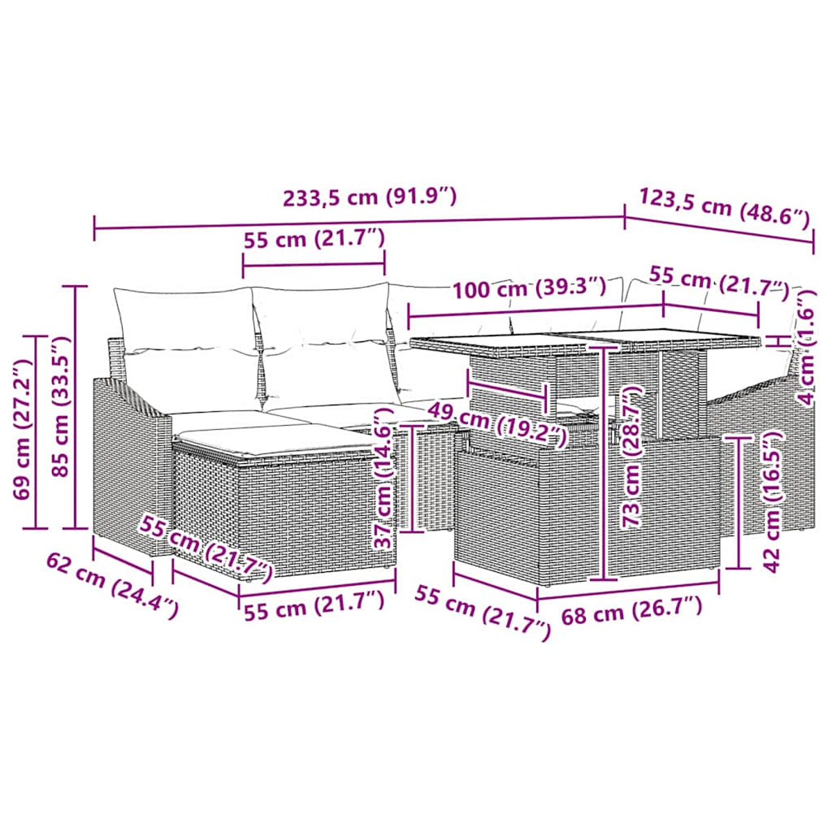 Rattan-Gartenmöbel-Set mit Ecksofa, Tisch und Hocker, alle mit Maßen versehen.