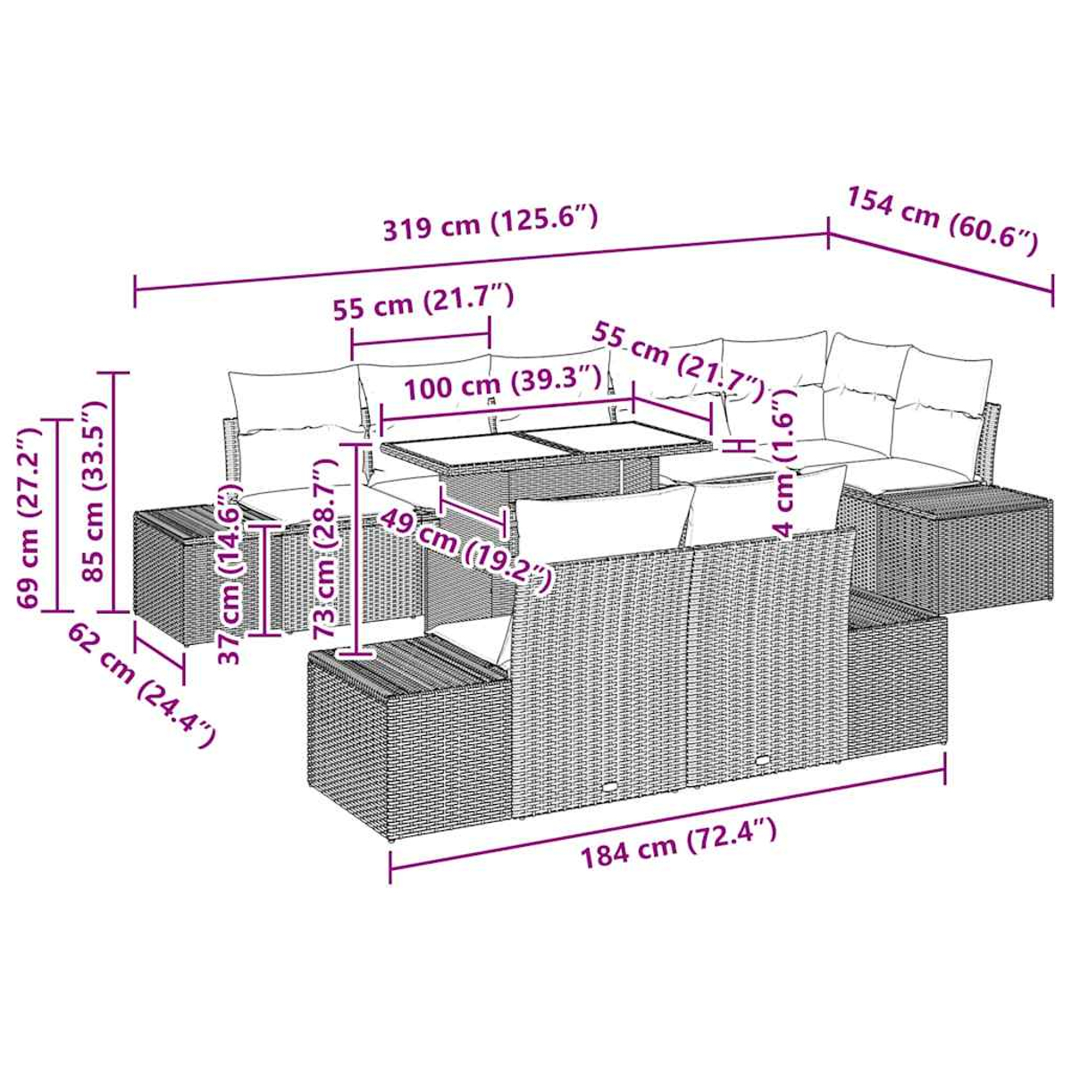 Ein Outdoor-Möbelset mit Sofa, Tisch und Ottomanen. Maße sind in cm und Zoll angegeben.