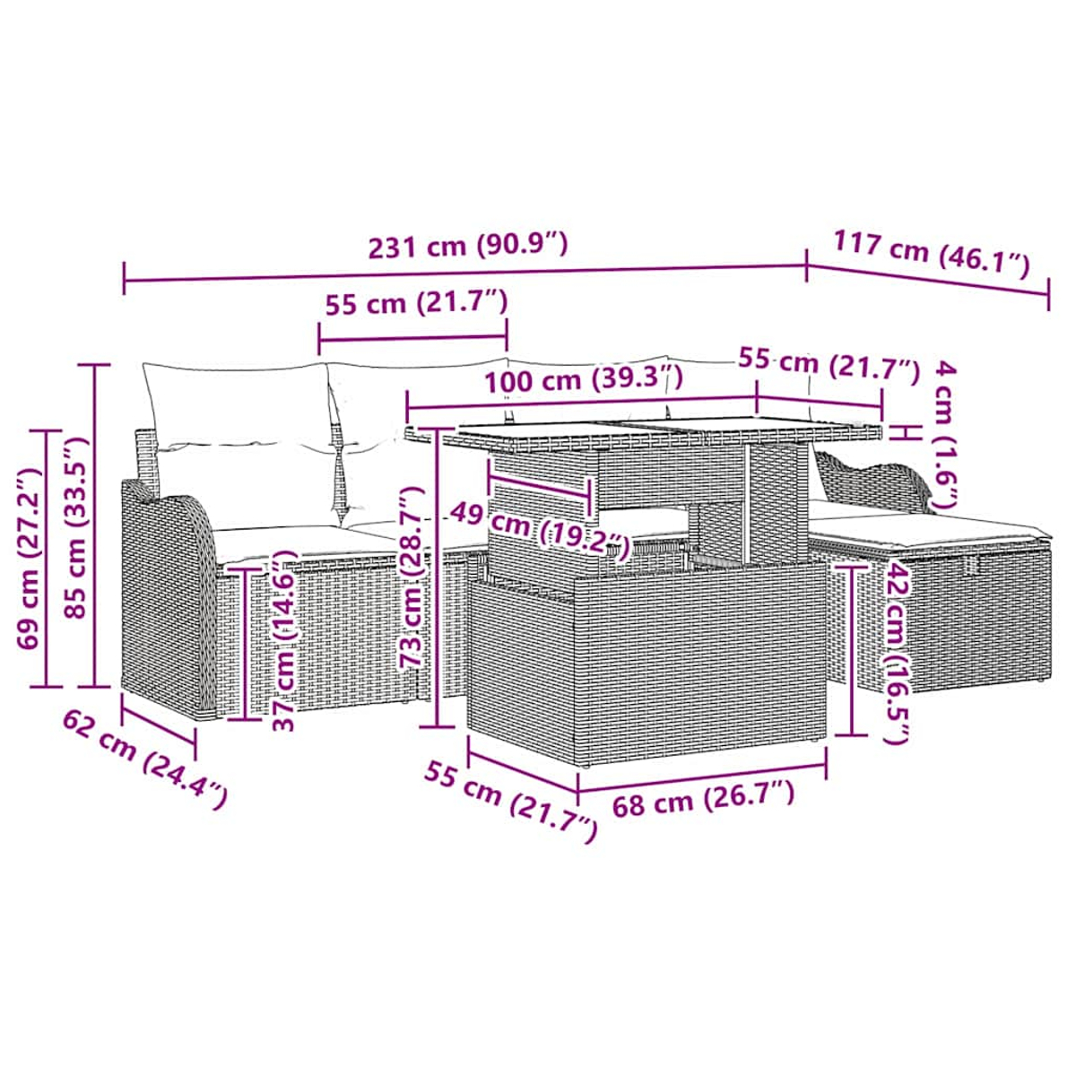 Geflochtenes Outdoor-Set mit Sofa, Tisch und überlagerten Abmessungen. Weiße Kissen. Die Umgebung ist im Freien.