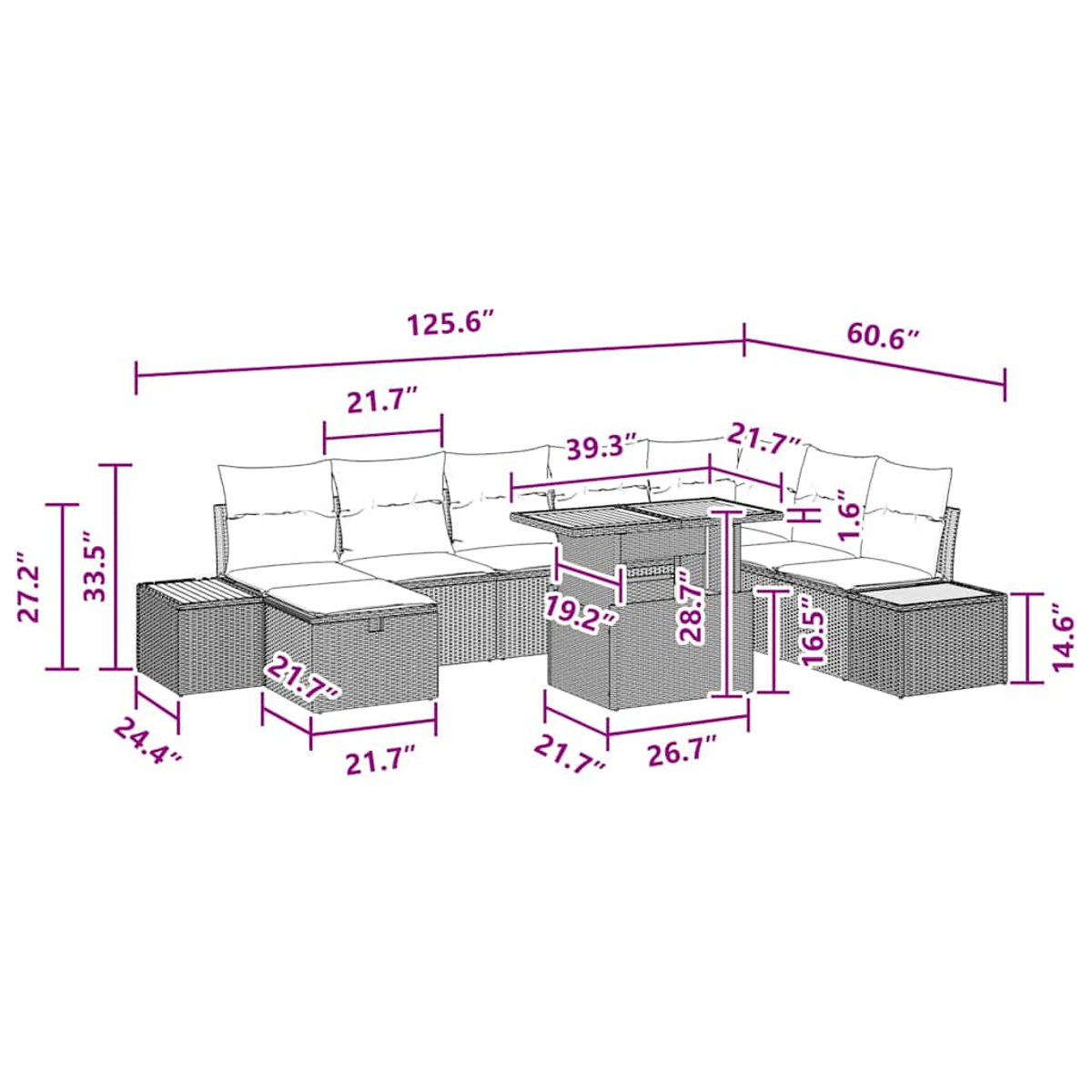 Geflochtenes Outdoor-Möbelset. Sofa, Tisch und Maße sind überlagert. Weiße Kissen. Umgebung ist im Freien.