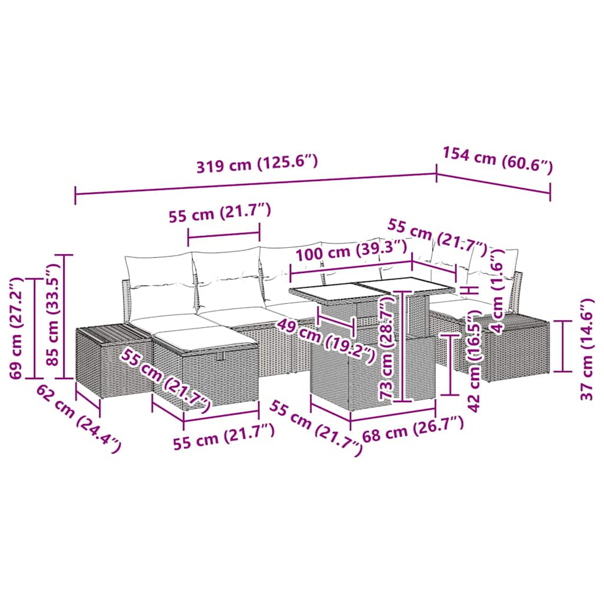 Geflochtenes Outdoor-Möbelset mit Sofa, Tisch und überlagerten Abmessungen. Weiße Kissen. Die Umgebung ist im Freien.