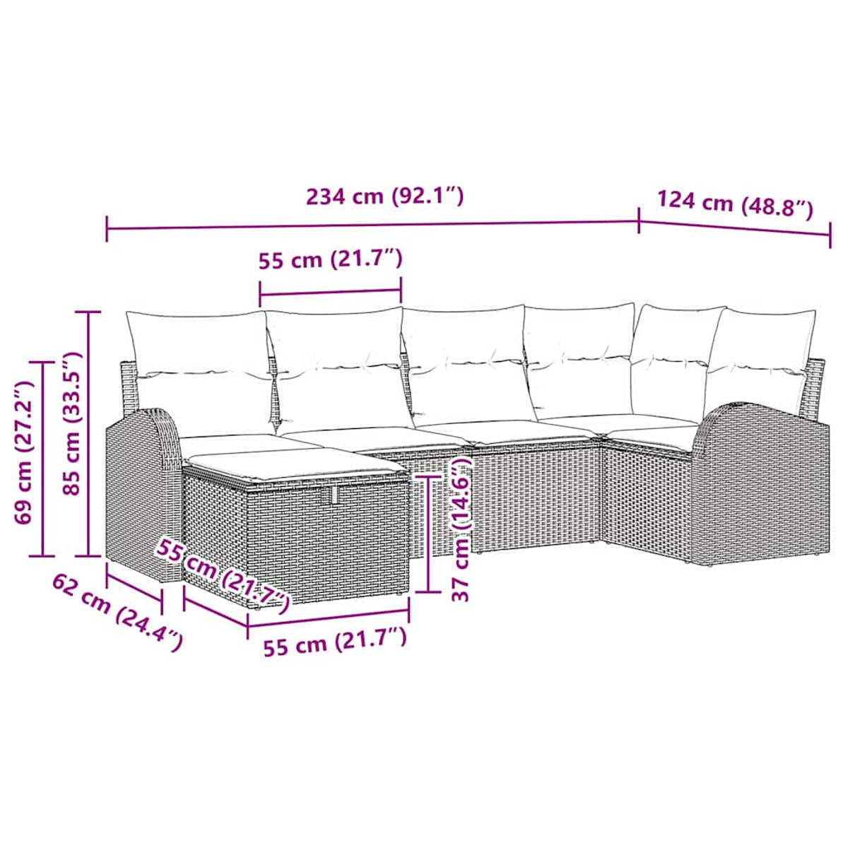 Outdoor-Möbelset mit Sofa und Ottomane. Maße sind in cm und Zoll angegeben.