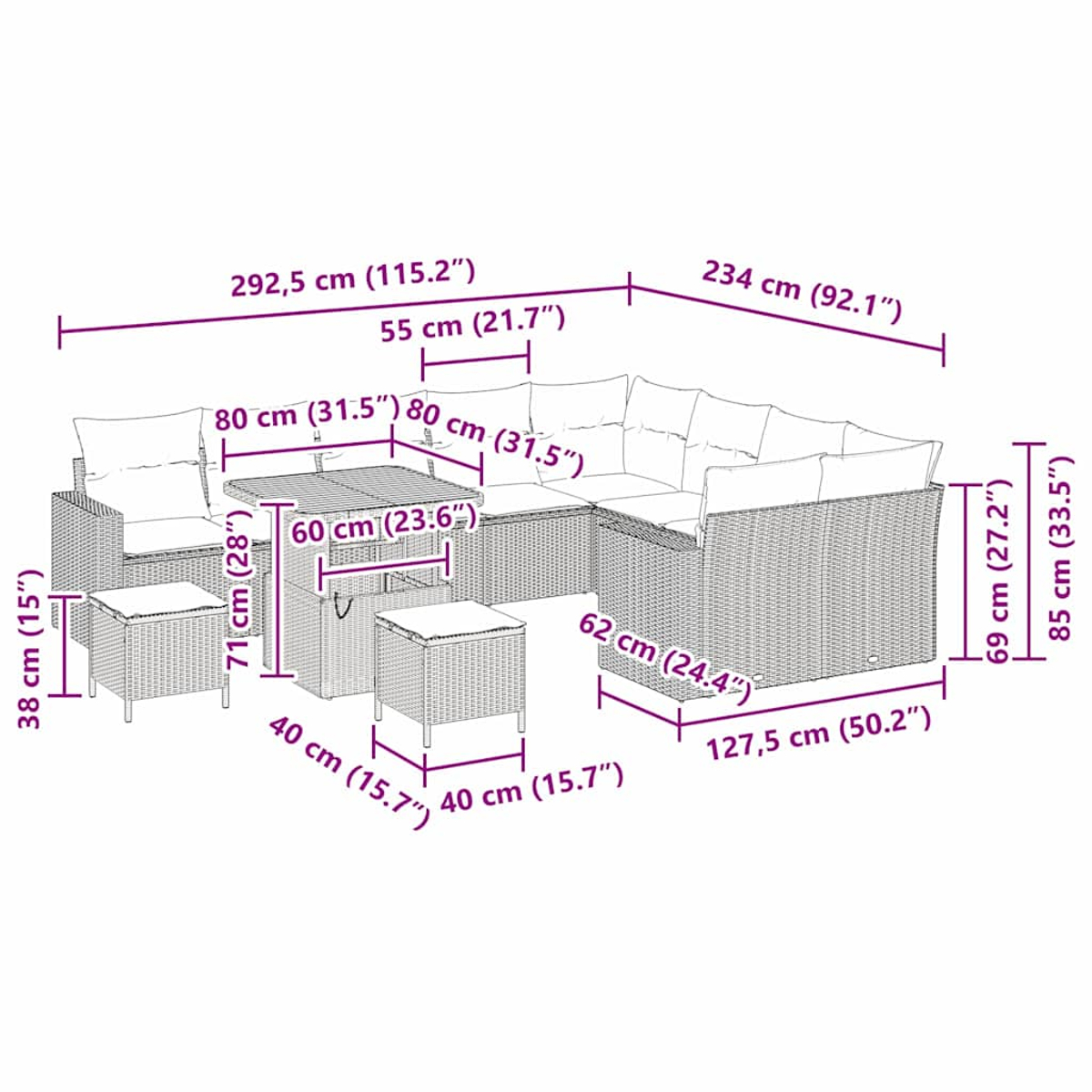 Outdoor-Möbelset mit Sofa, Tisch und zwei Ottomanen. Maße in cm und Zoll angegeben.