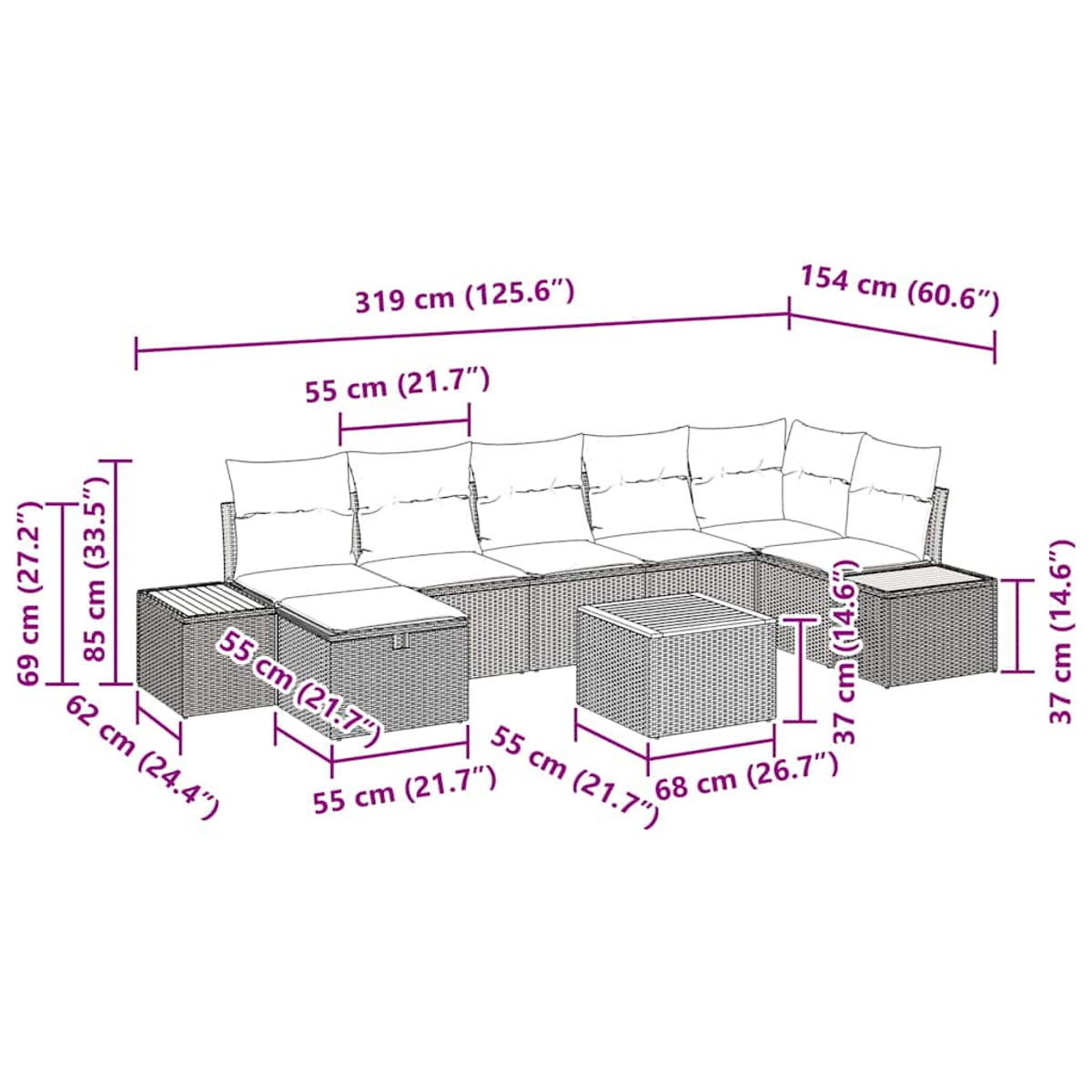 Outdoor-Möbelset mit Sofa, Tisch und Ottomane. Maße sind in cm und Zoll angegeben.