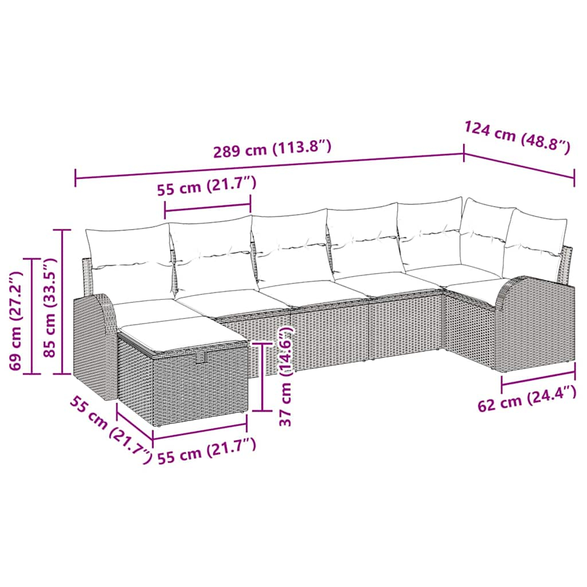 Ein Outdoor-Möbelset, ein Sofa und eine Ottomane. Maße sind in cm und Zoll angegeben.