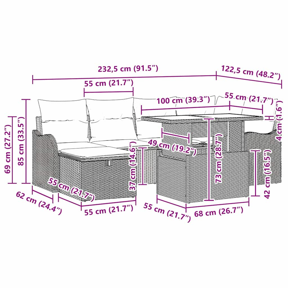 Ein Outdoor-Möbelset mit Sofa, Tisch und Ottomane. Maße sind angegeben.