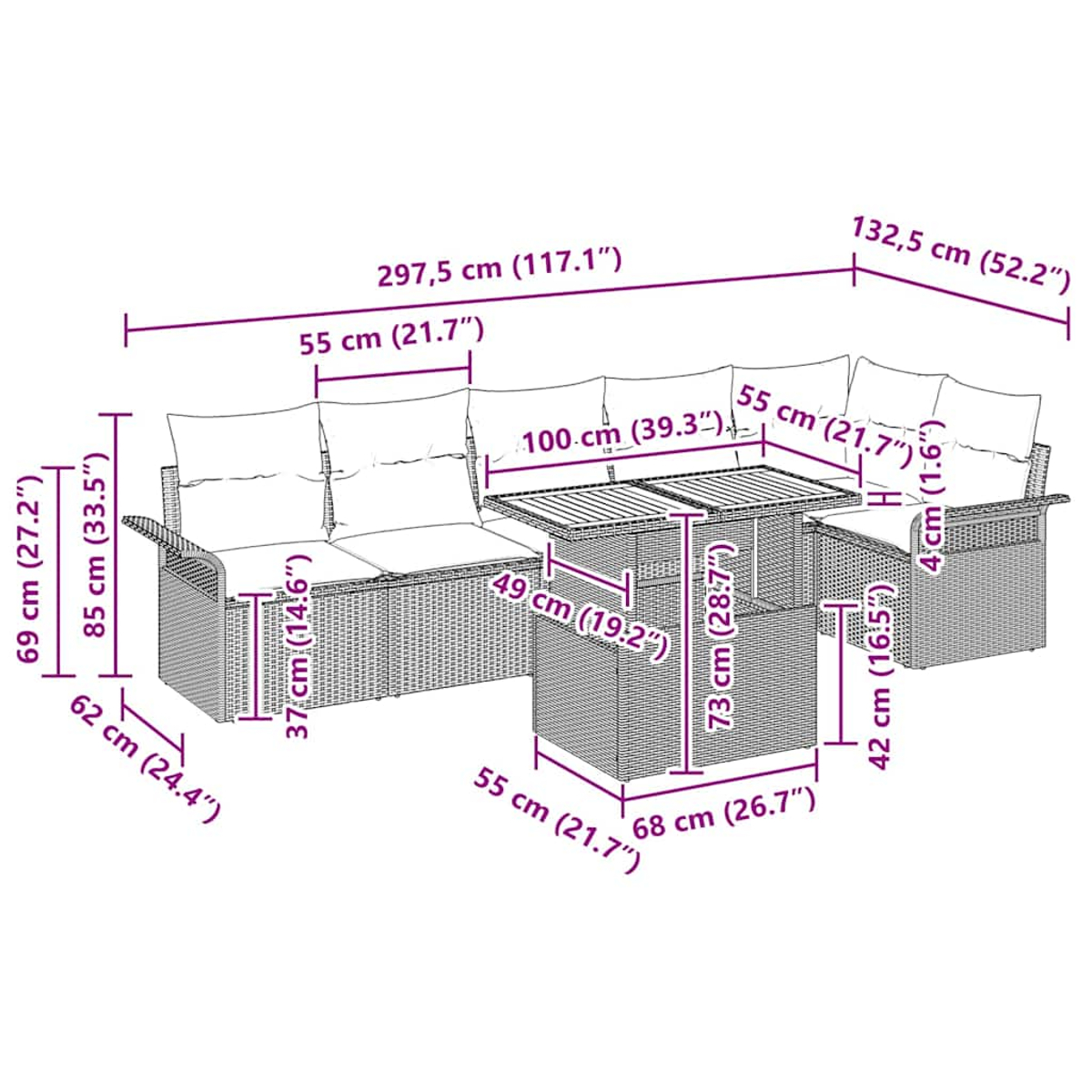 Ein geflochtenes Outdoor-Möbelset mit cm-Maßen. Es umfasst ein Sofa und einen Tisch.