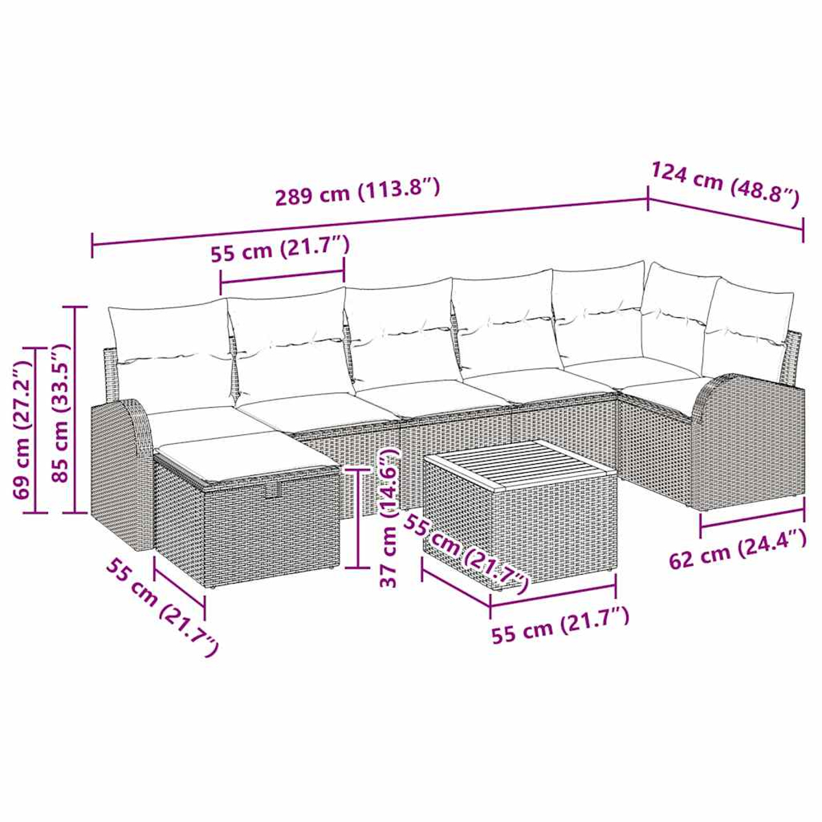 Ein geflochtenes Outdoor-Möbelset mit cm-Maßen. Es umfasst ein Sofa und einen Tisch.