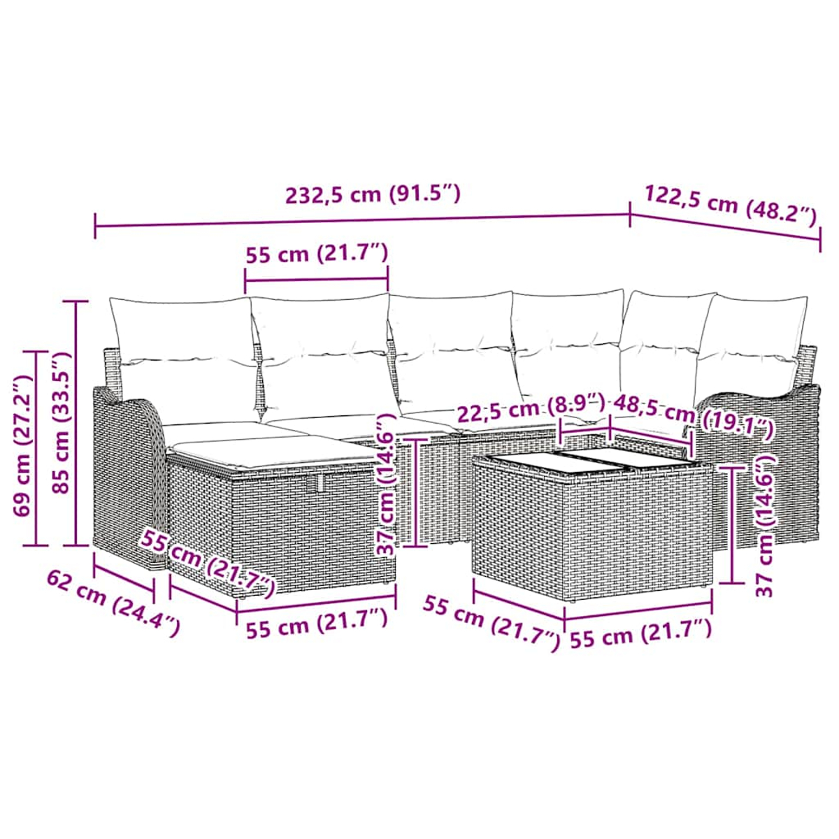 Ein geflochtenes Outdoor-Möbelset mit cm-Maßen. Es umfasst ein Sofa und einen Tisch.